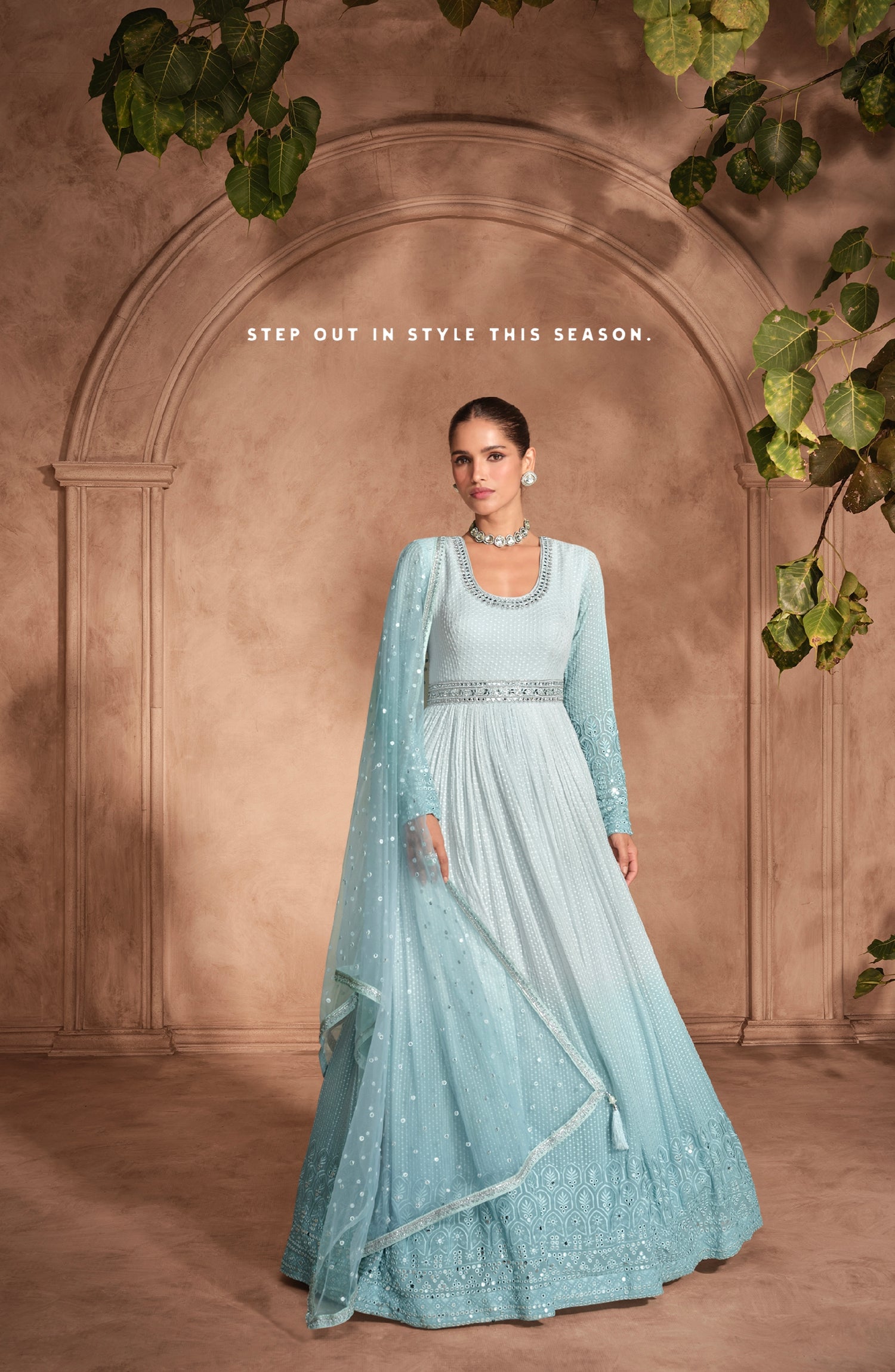 Blue Chikankari Embroidered Georgette Anarkali &amp; Embroidered Dupatta