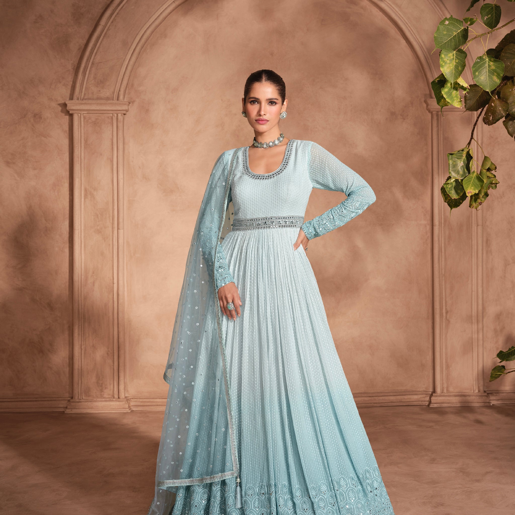 Blue Chikankari Embroidered Georgette Anarkali & Embroidered Dupatta