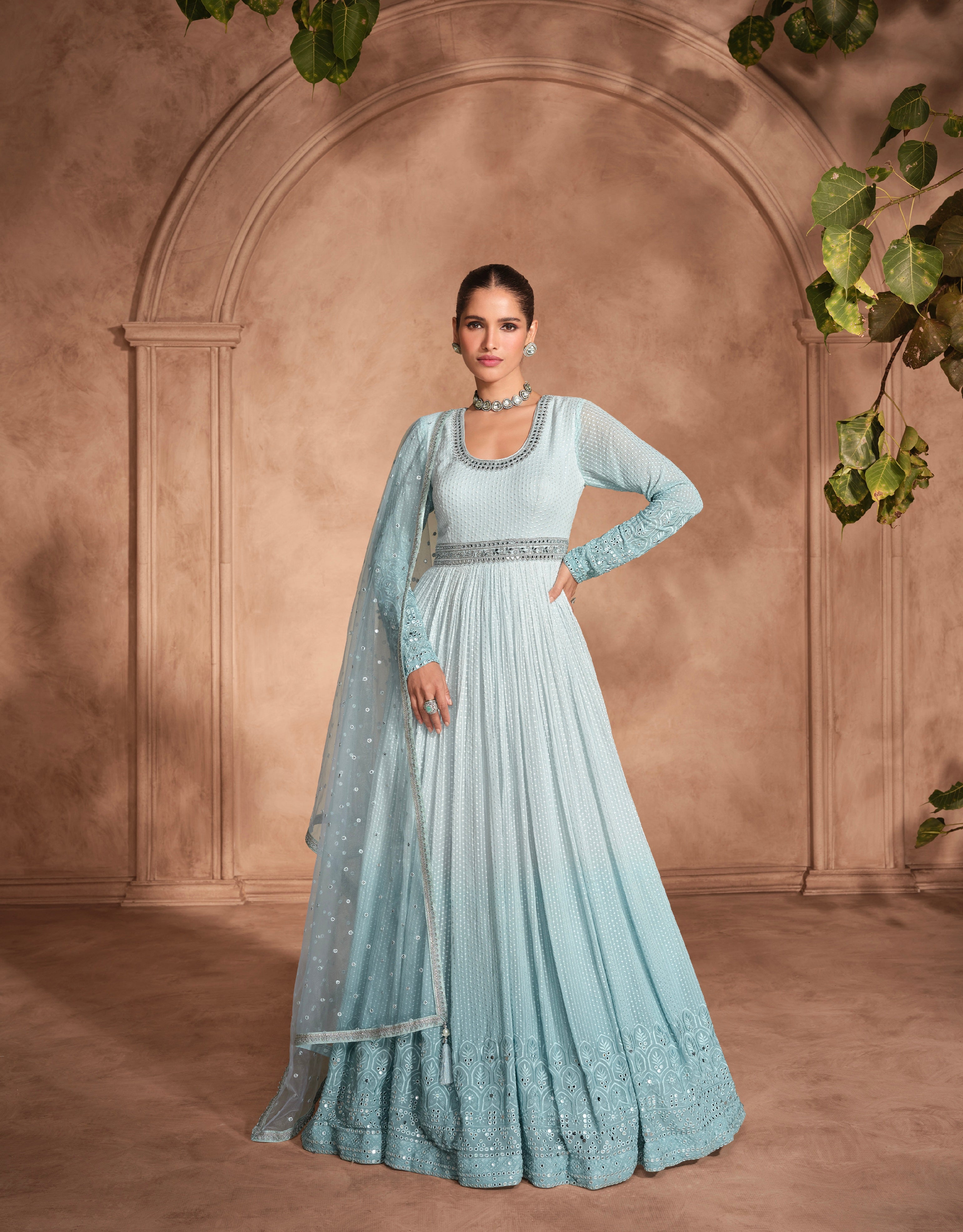 Blue Chikankari Embroidered Georgette Anarkali &amp; Embroidered Dupatta