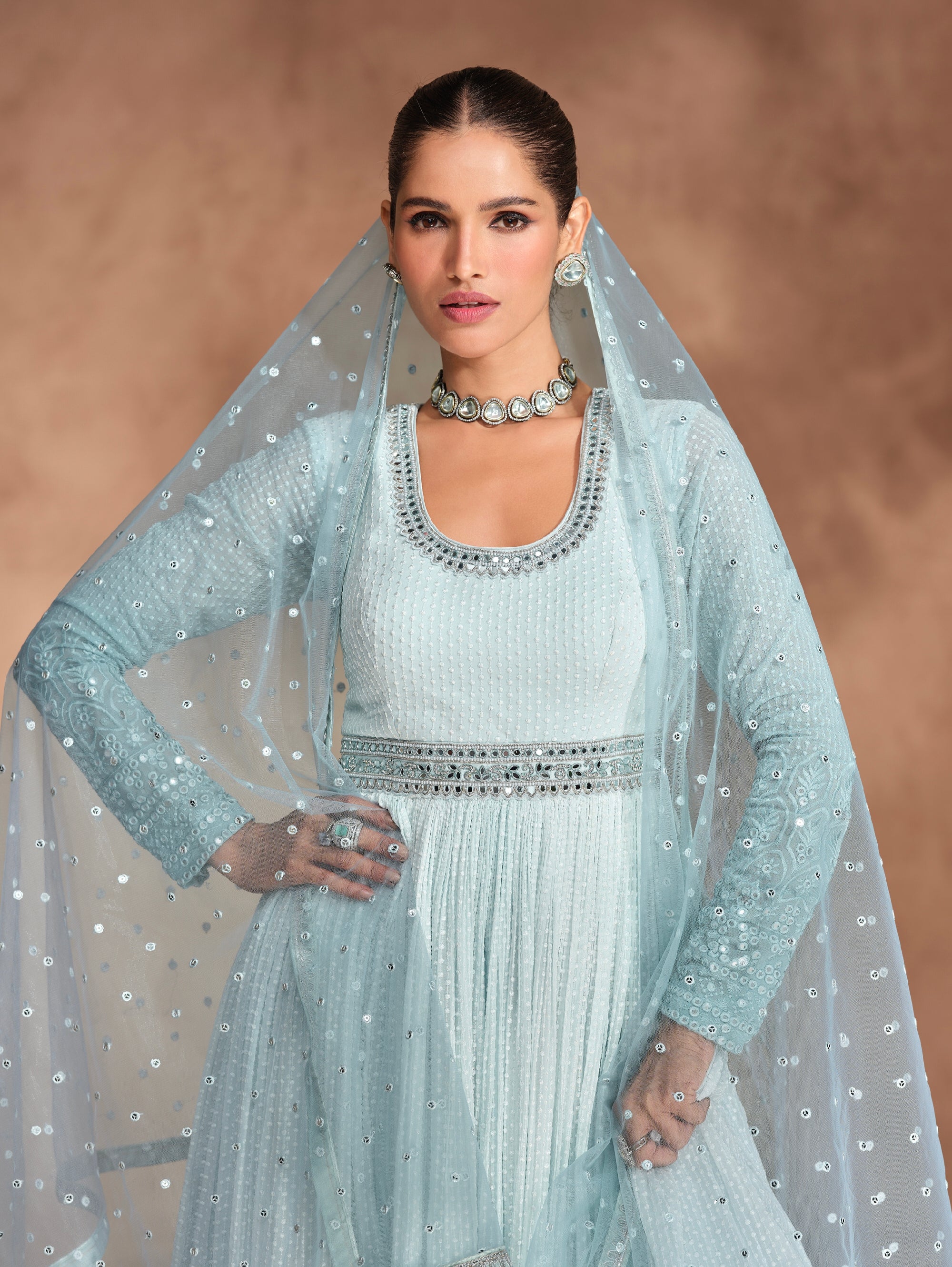 Blue Chikankari Embroidered Georgette Anarkali &amp; Embroidered Dupatta