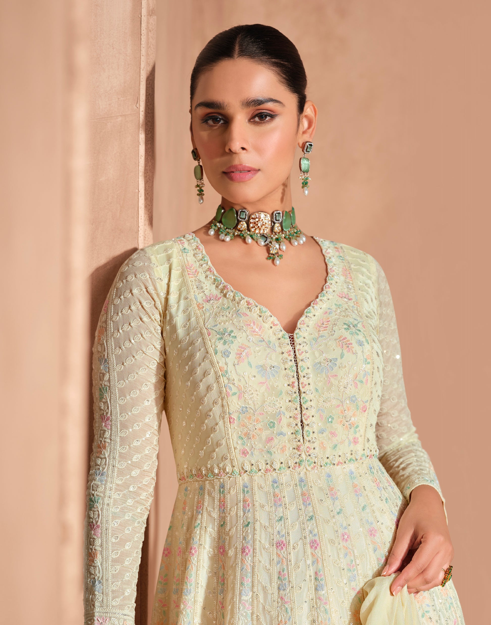 Yellow Chikankari Embroidered Chinon Silk Anarkali Gown with Dupatta