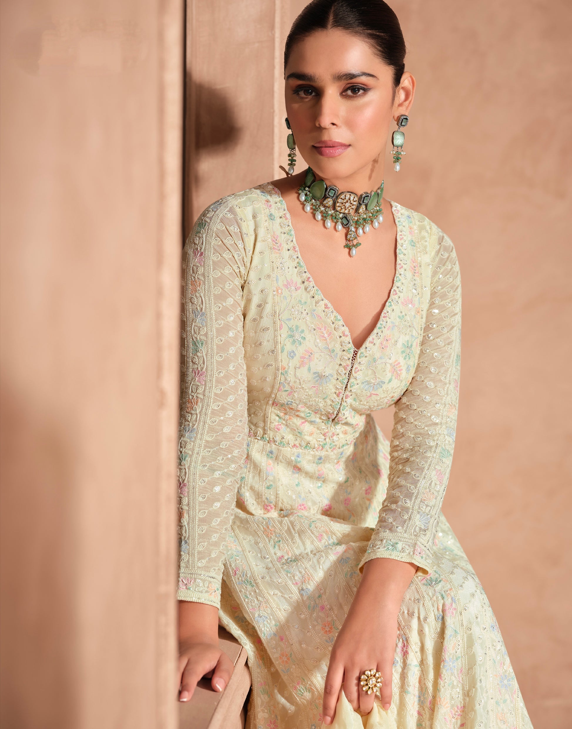 Yellow Chikankari Embroidered Chinon Silk Anarkali Gown with Dupatta