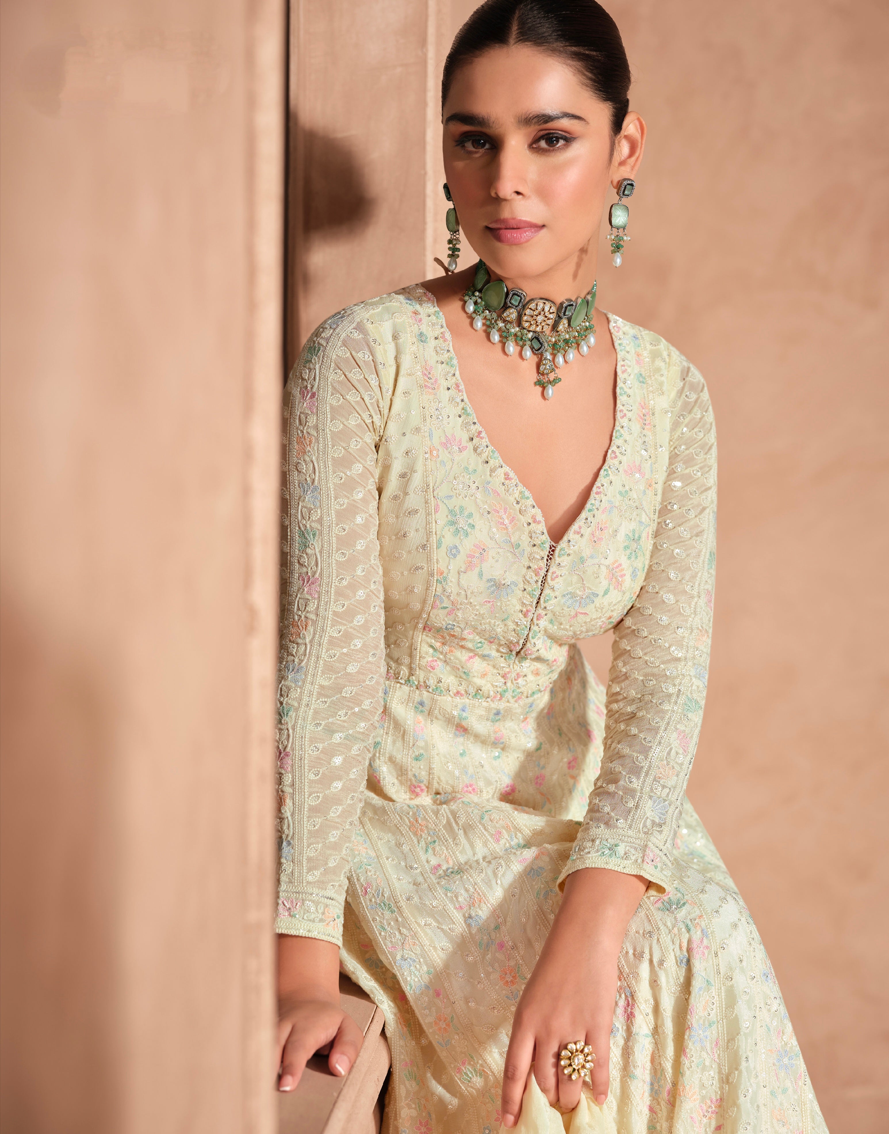 Yellow Chikankari Embroidered Chinon Silk Anarkali Gown with Dupatta