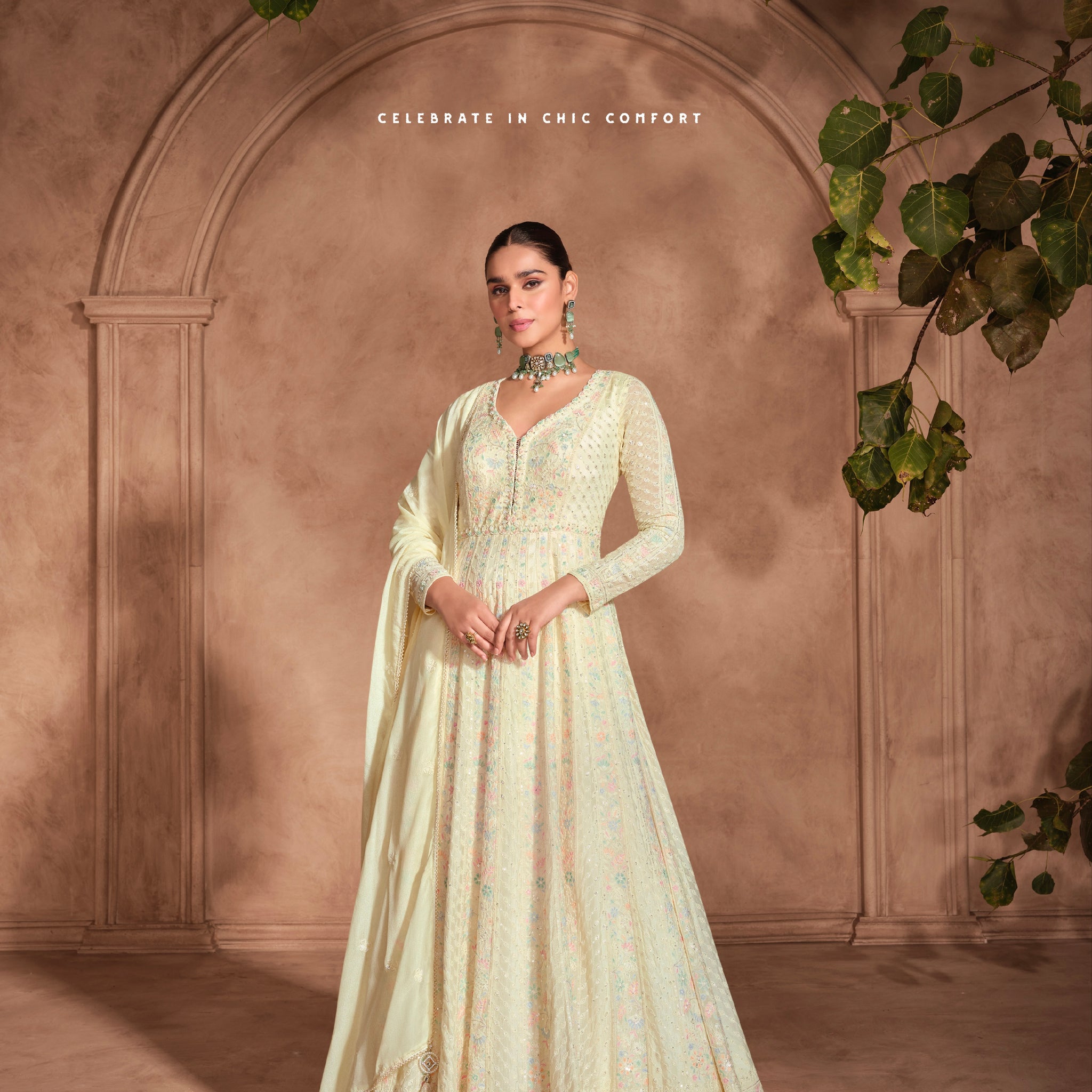 Yellow Chikankari Embroidered Chinon Silk Anarkali Gown with Dupatta