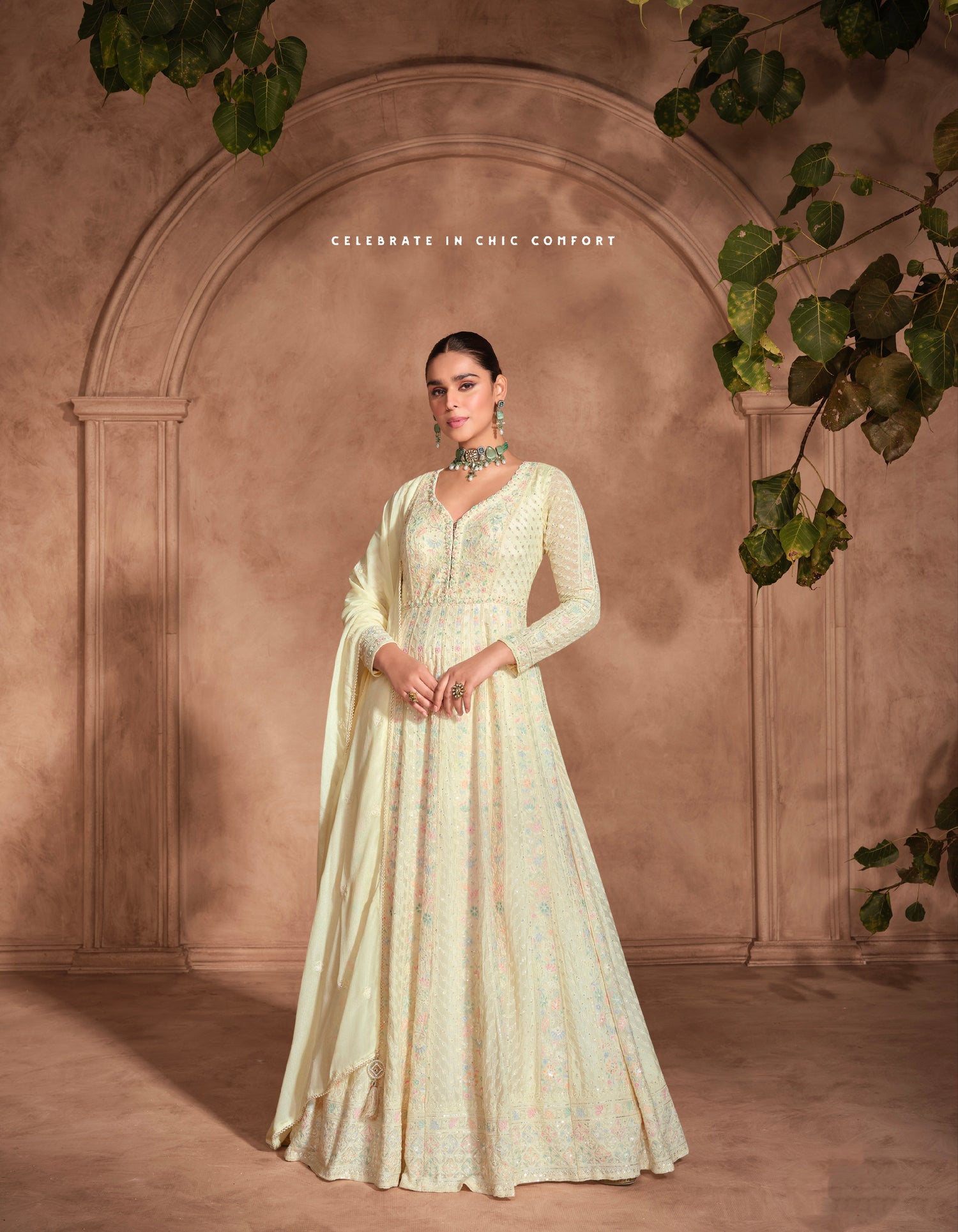 Yellow Chikankari Embroidered Chinon Silk Anarkali Gown with Dupatta