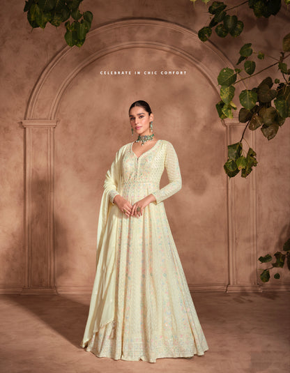 Yellow Chikankari Embroidered Chinon Silk Anarkali Gown with Dupatta