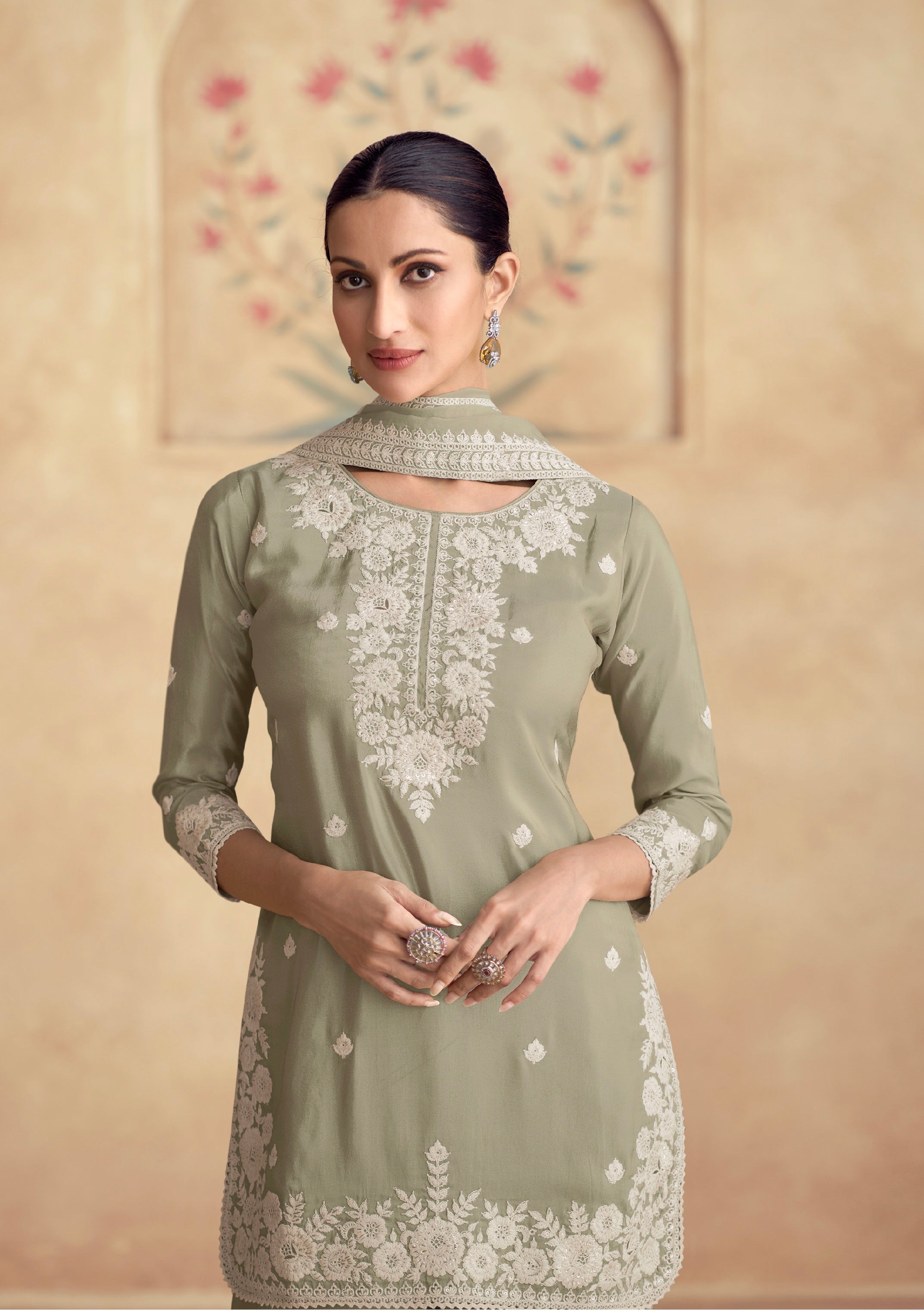 Sage Green Simar Silk Embroidered Sharara Set