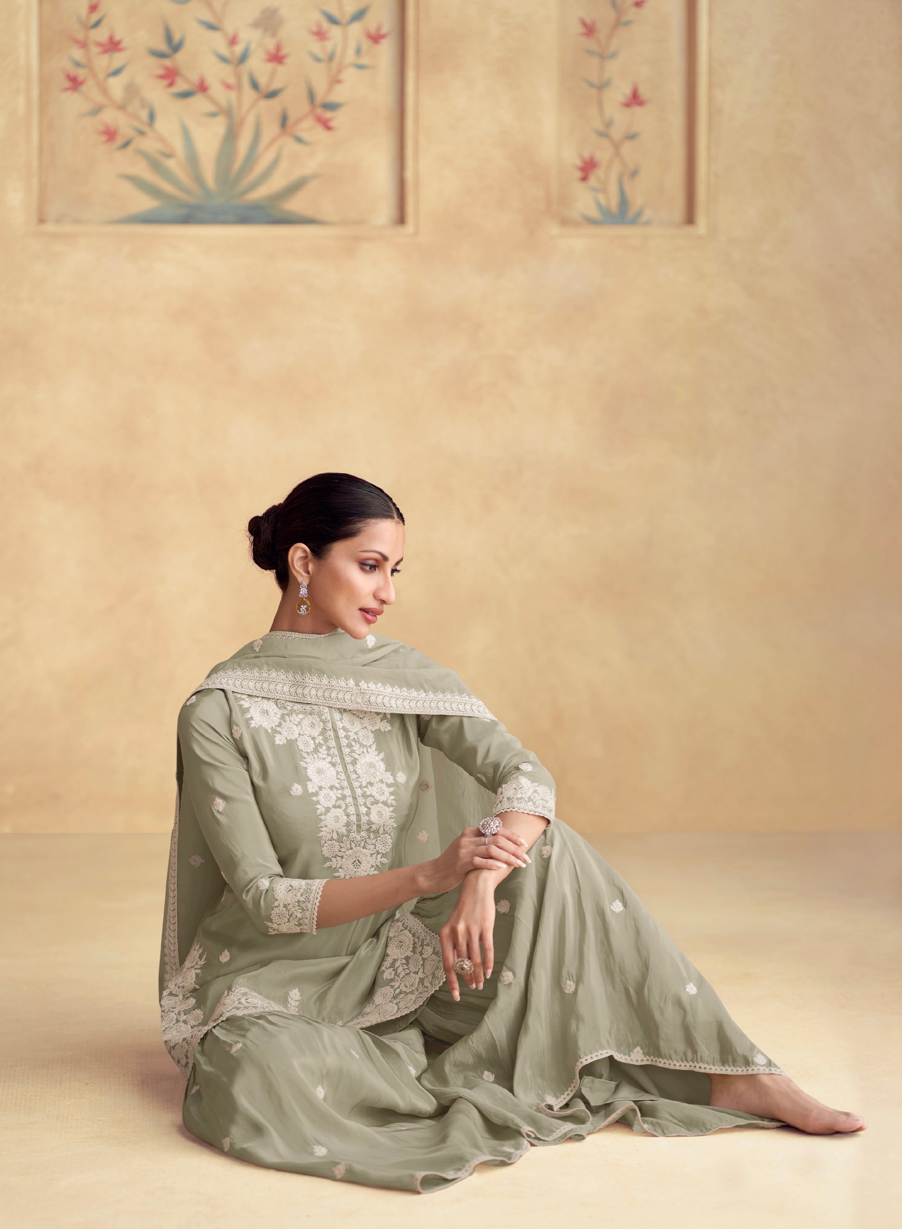 Sage Green Simar Silk Embroidered Sharara Set