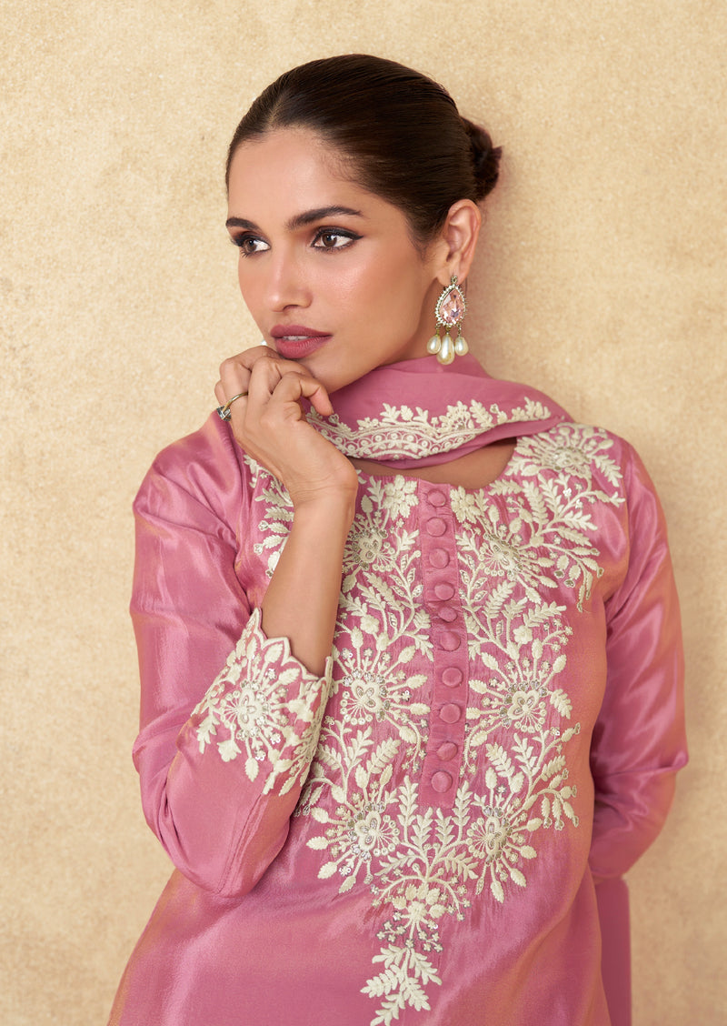 Rose Pink Simar Silk Embroidered Sharara Set