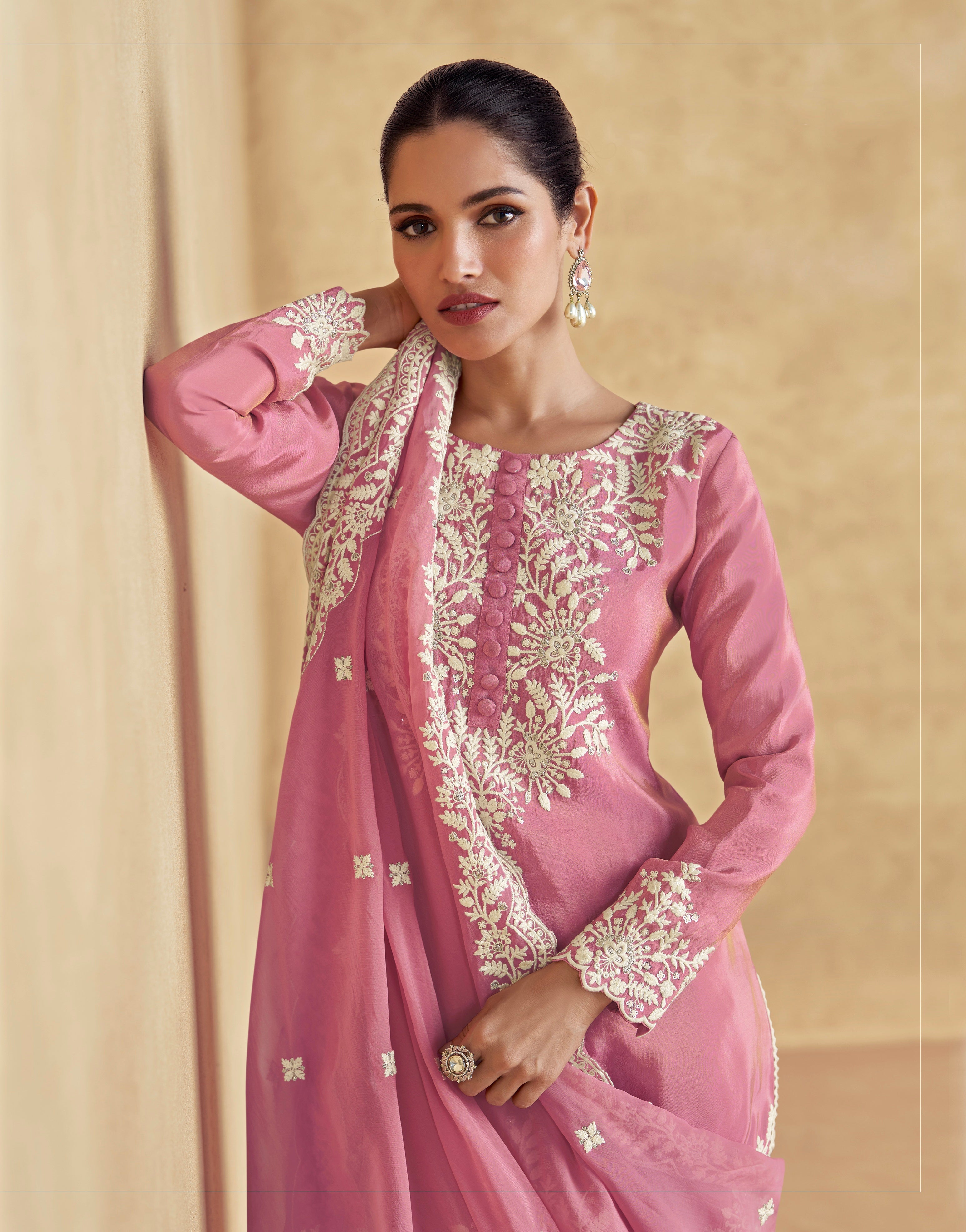 Rose Pink Simar Silk Embroidered Sharara Set