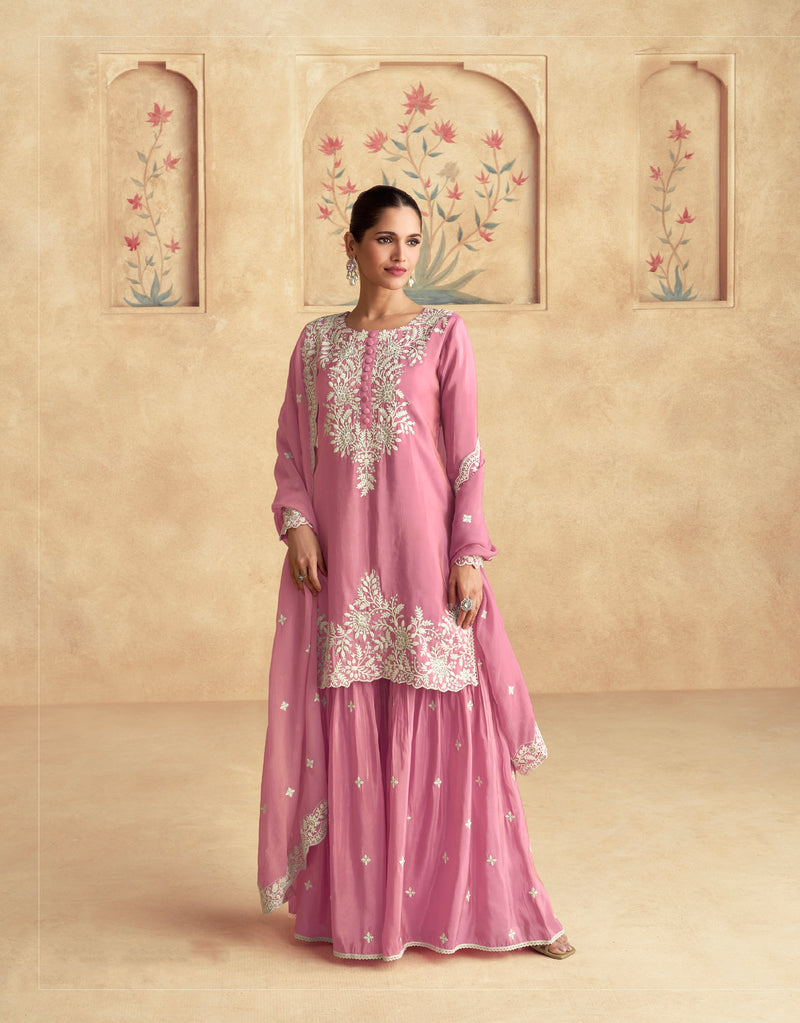 Rose Pink Simar Silk Embroidered Sharara Set