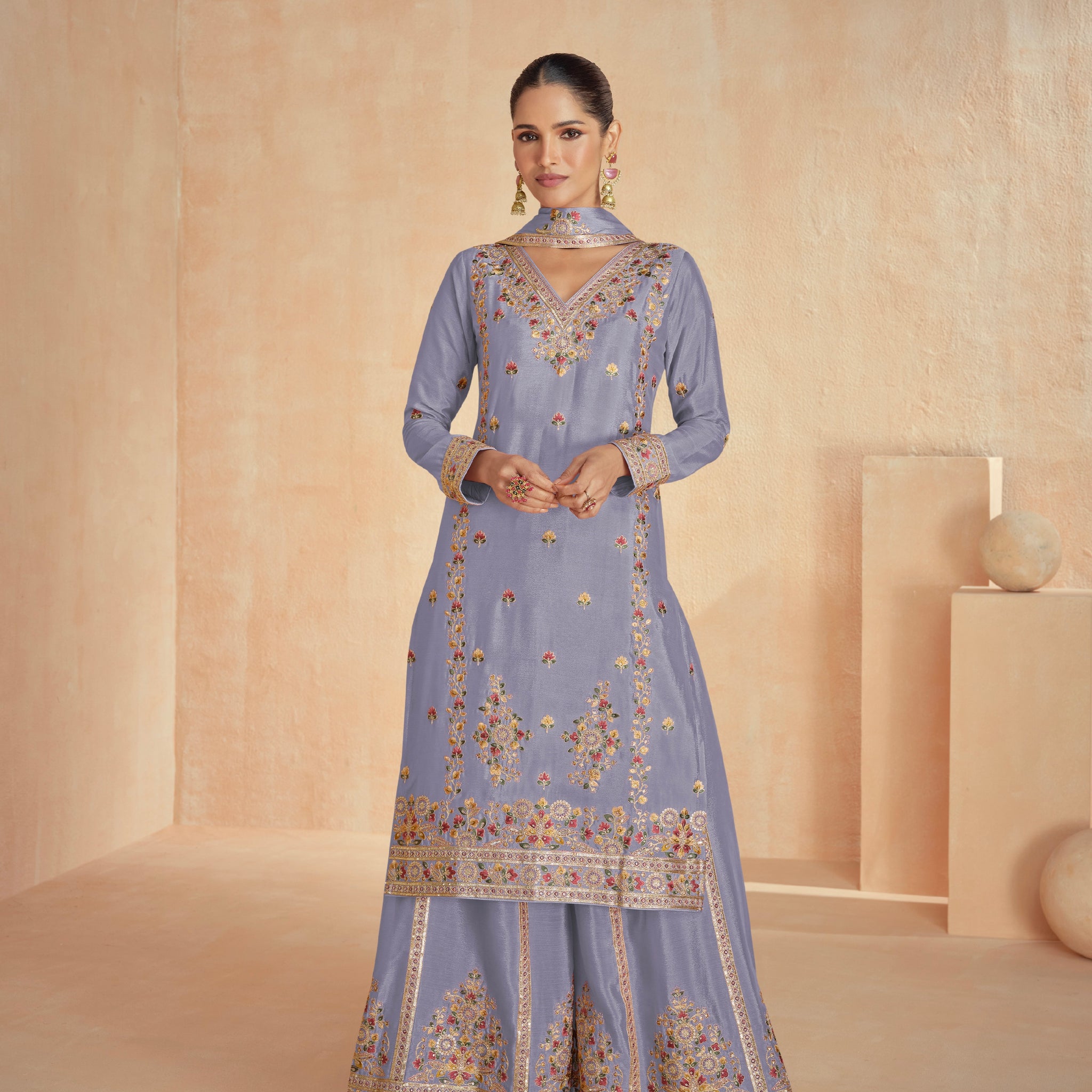 Lavender Chinnon Silk Palazzo Suit with Intricate Floral Embroidery