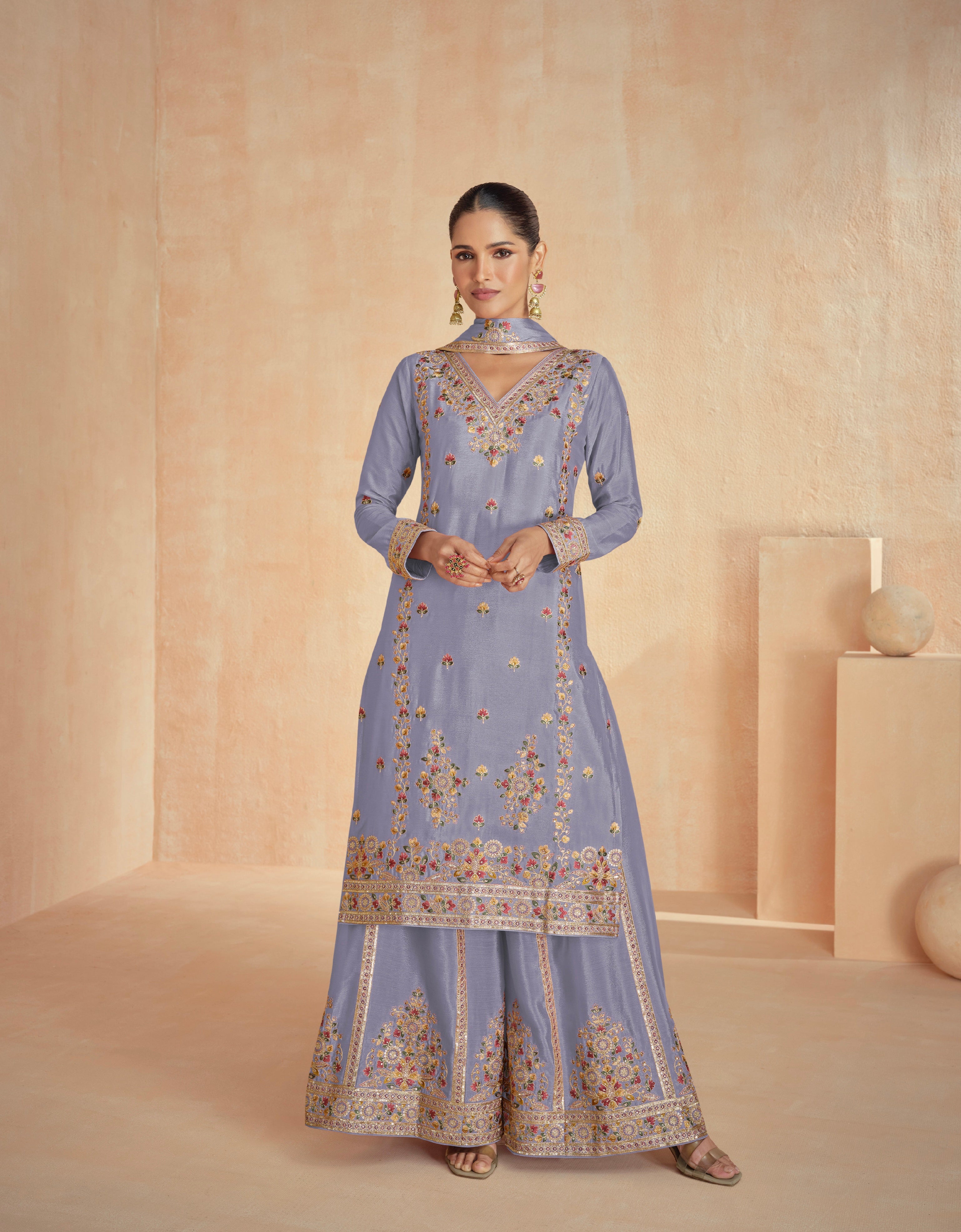Lavender Chinnon Silk Palazzo Suit with Intricate Floral Embroidery