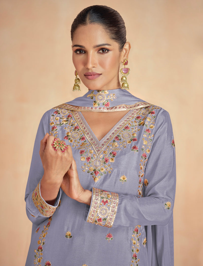 Lavender Chinnon Silk Palazzo Suit with Intricate Floral Embroidery