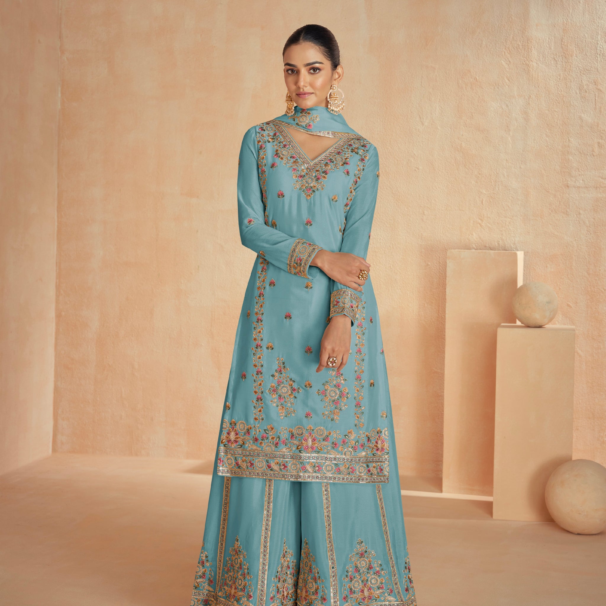Teal Chinnon Silk Palazzo Suit with Detailed Embroidery