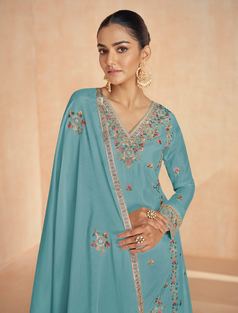 Teal Chinnon Silk Palazzo Suit with Detailed Embroidery