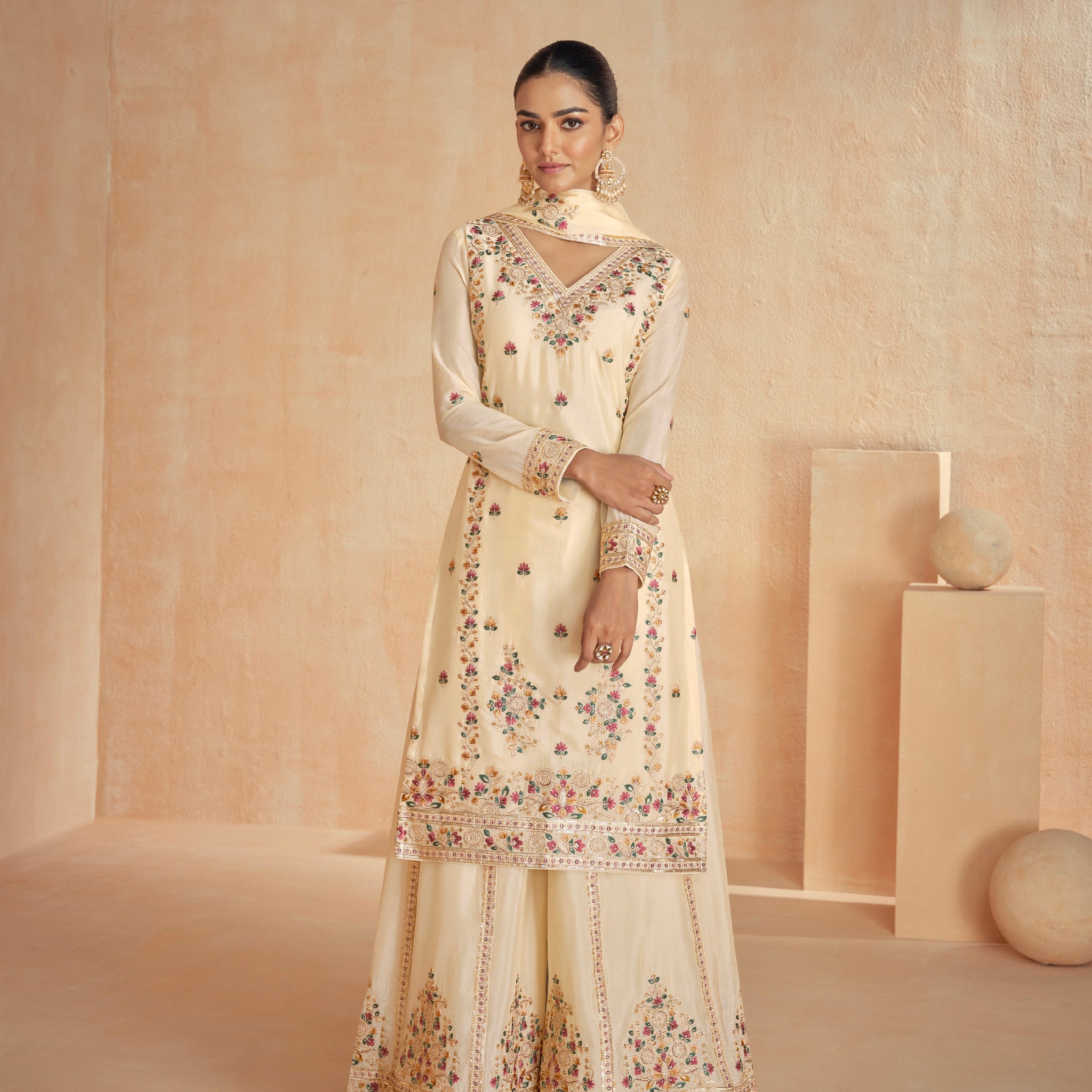 Cream Chinnon Silk Palazzo Suit with Delicate Embroidery