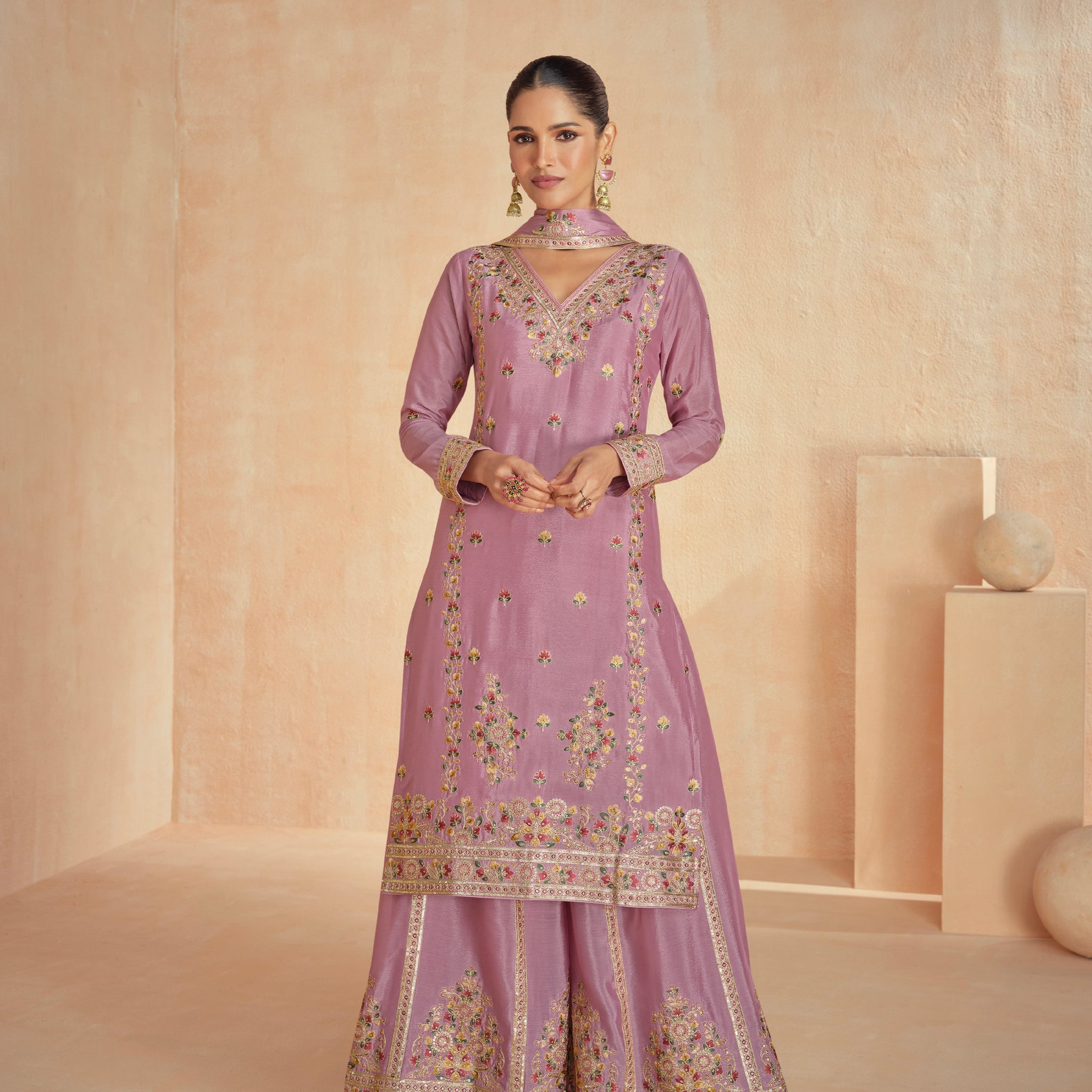 Mauve Chinnon Silk Palazzo Suit with Intricate Floral Motifs