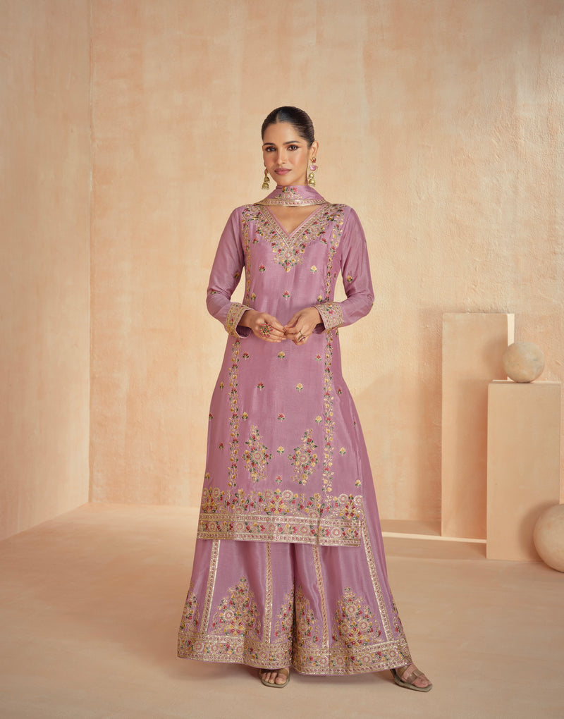 Mauve Chinnon Silk Palazzo Suit with Intricate Floral Motifs