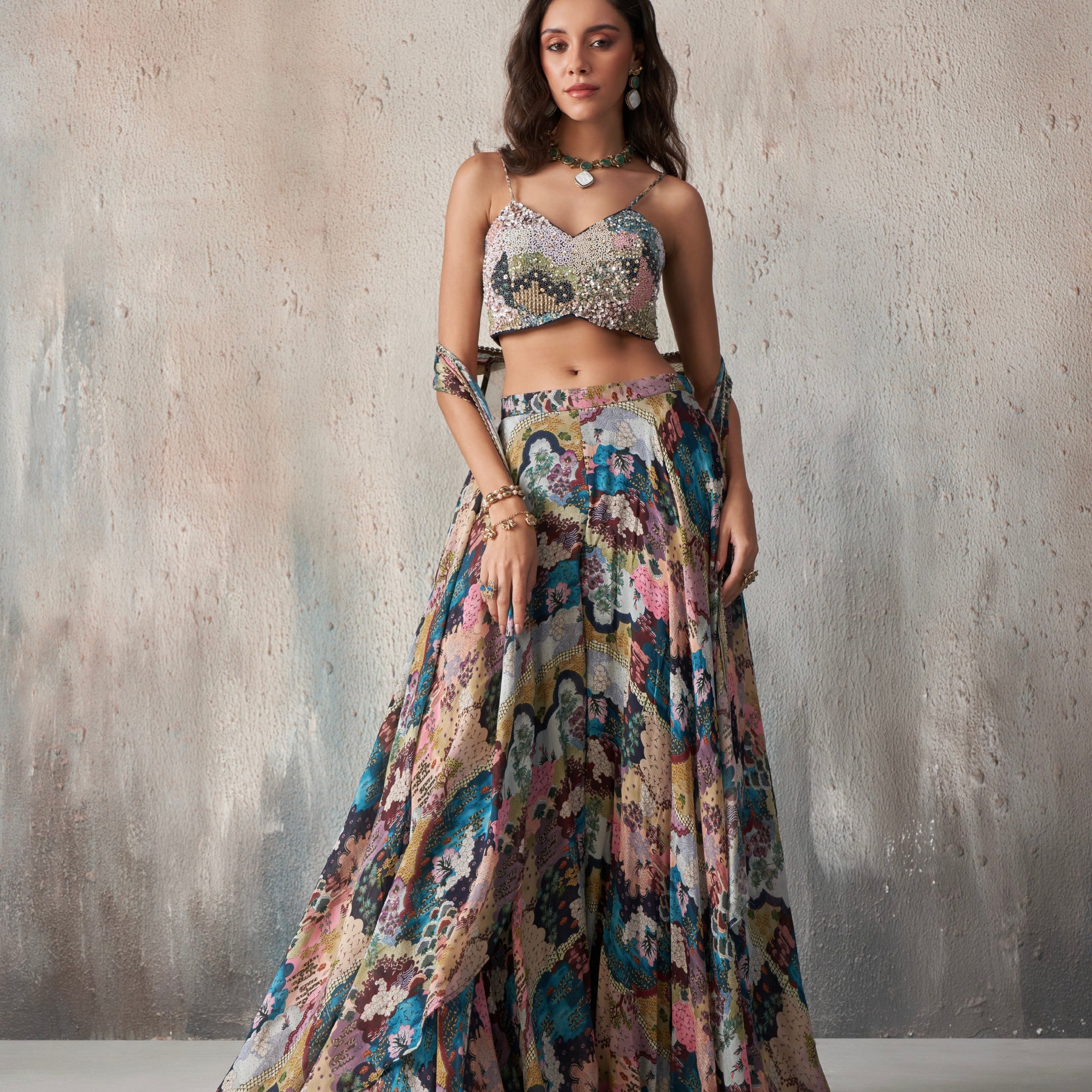 Floral Khatli Work Lehenga Set with Vibrant Multicolor Print