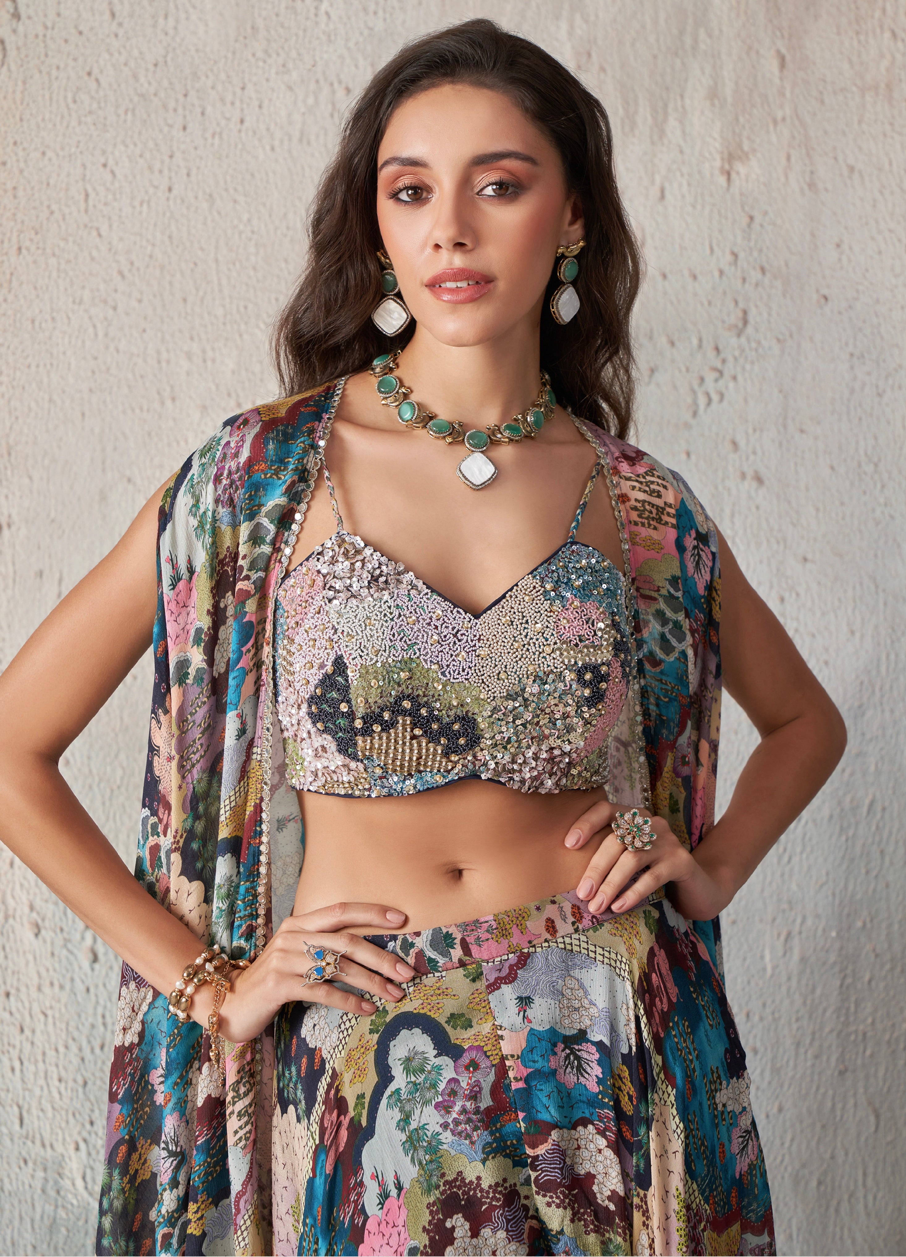Floral Khatli Work Lehenga Set with Vibrant Multicolor Print