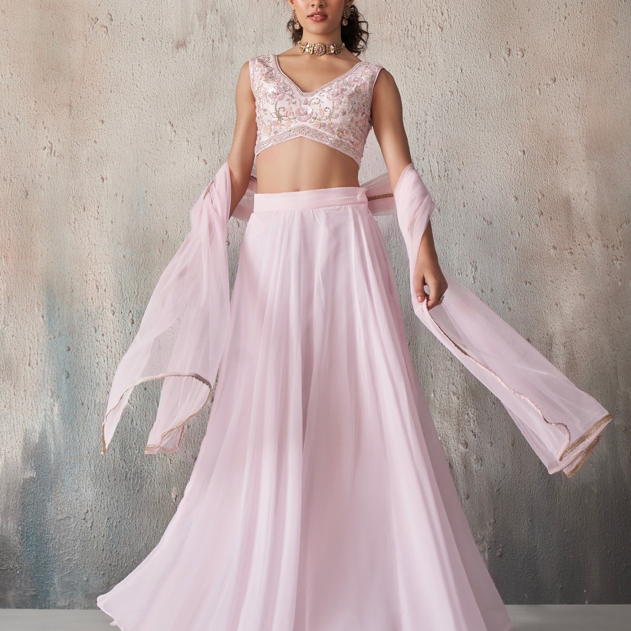 Soft Pink Embroidered Lehenga Set with Sheer Dupatta
