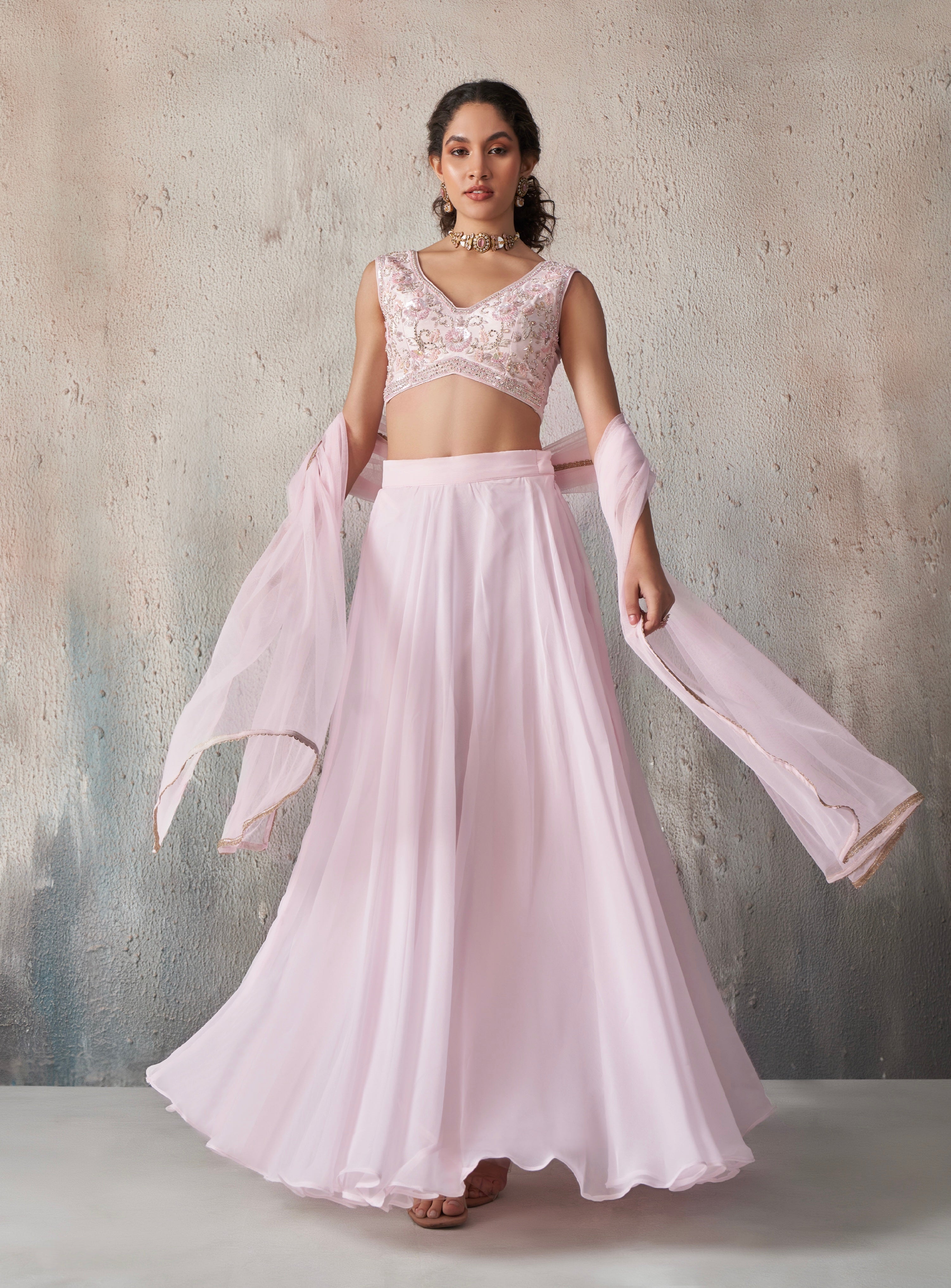 Soft Pink Embroidered Lehenga Set with Sheer Dupatta