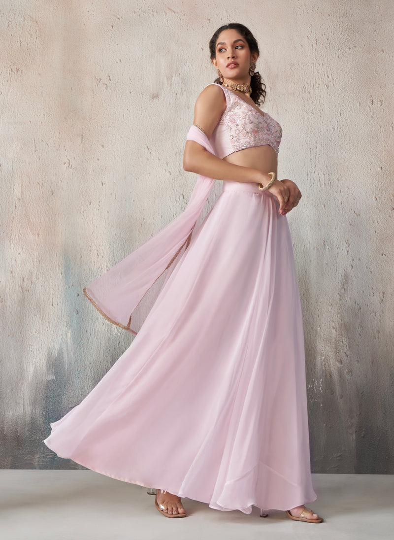 Soft Pink Embroidered Lehenga Set with Sheer Dupatta