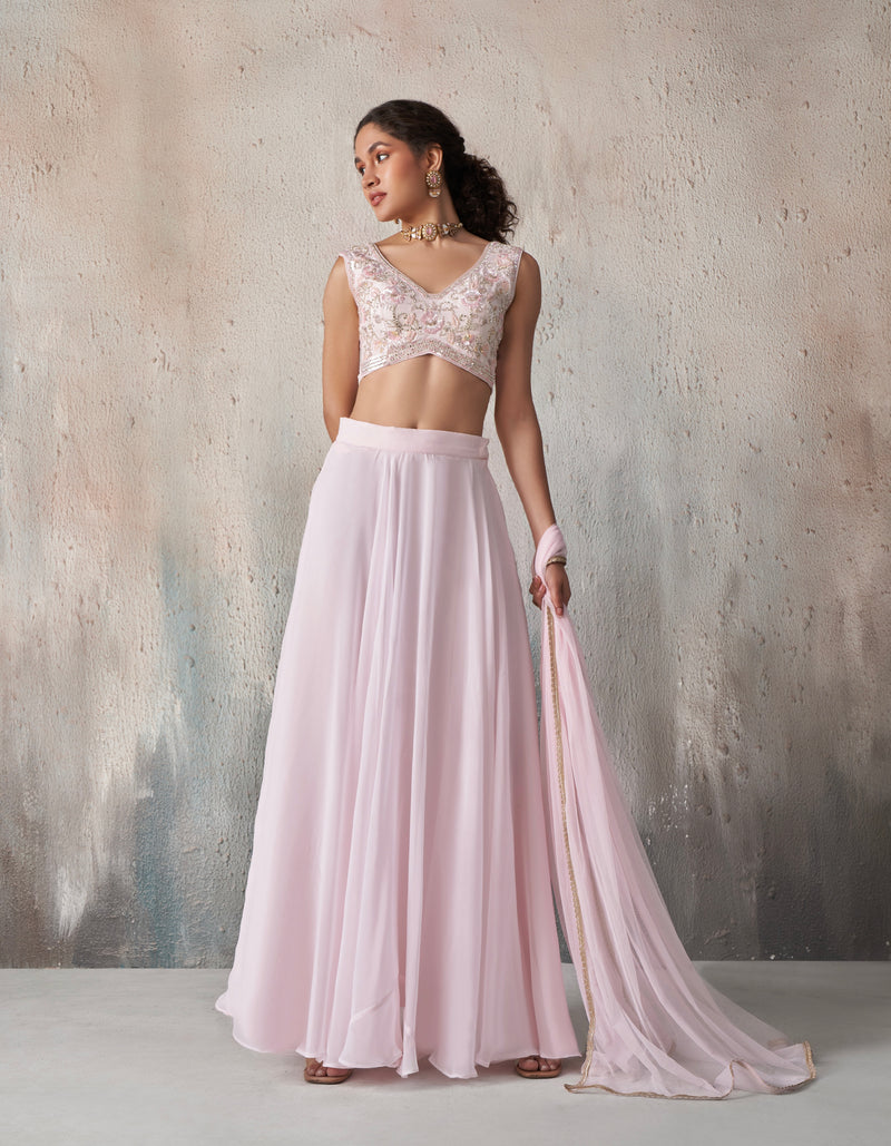 Soft Pink Embroidered Lehenga Set with Sheer Dupatta
