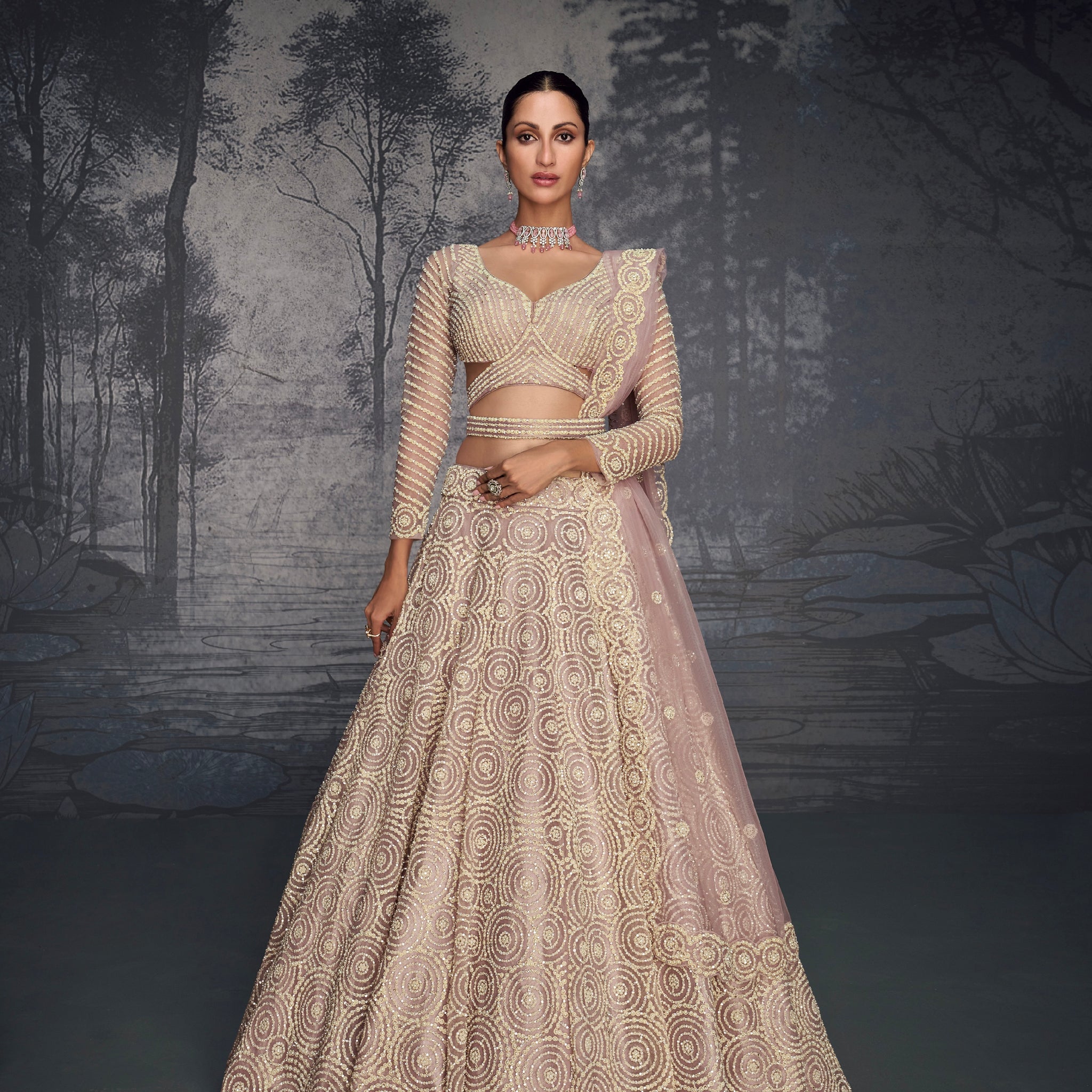 Champagne Gold Embroidered Net Lehenga with Moti & Seroski Diamonds