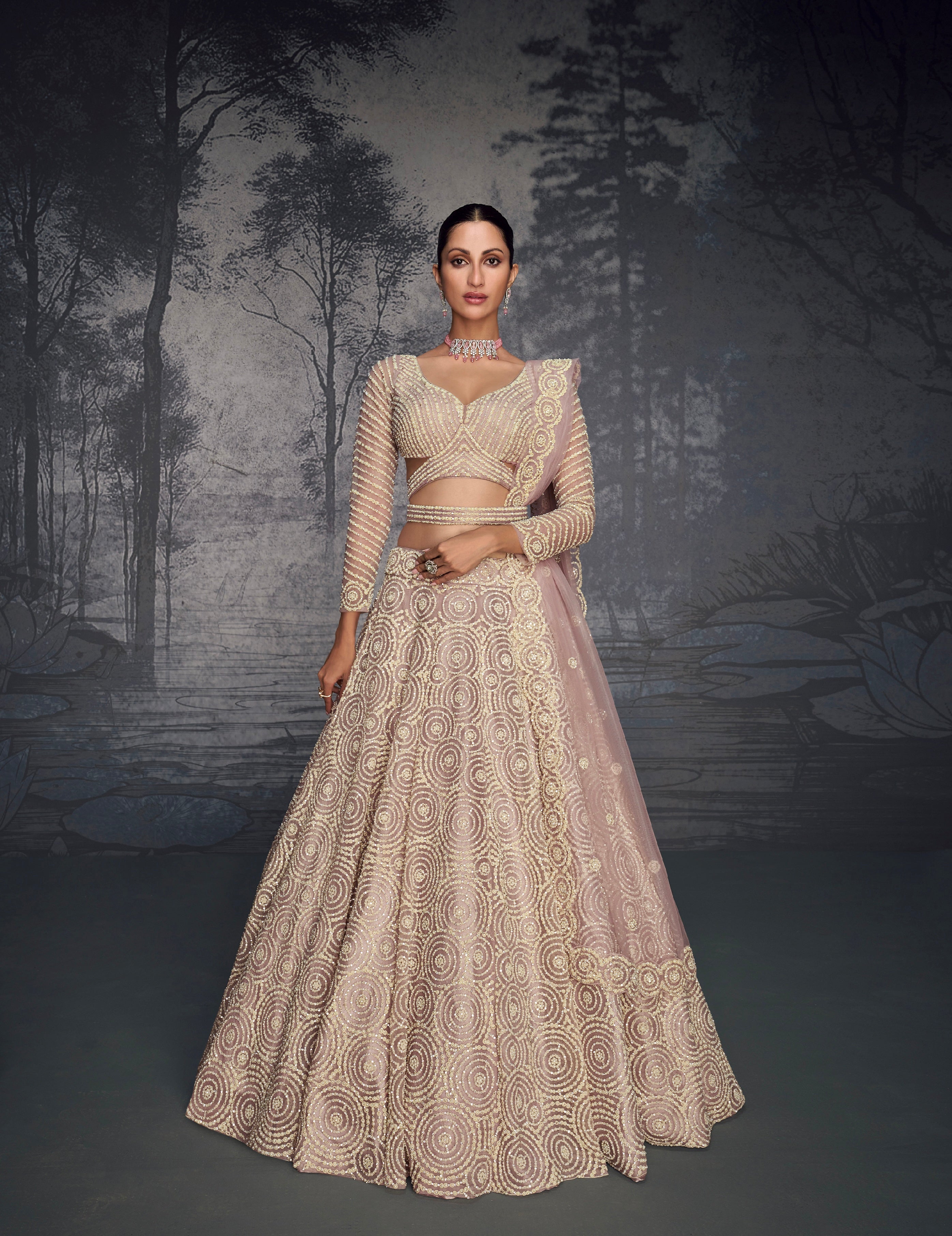 Champagne Gold Embroidered Net Lehenga with Moti &amp; Seroski Diamonds