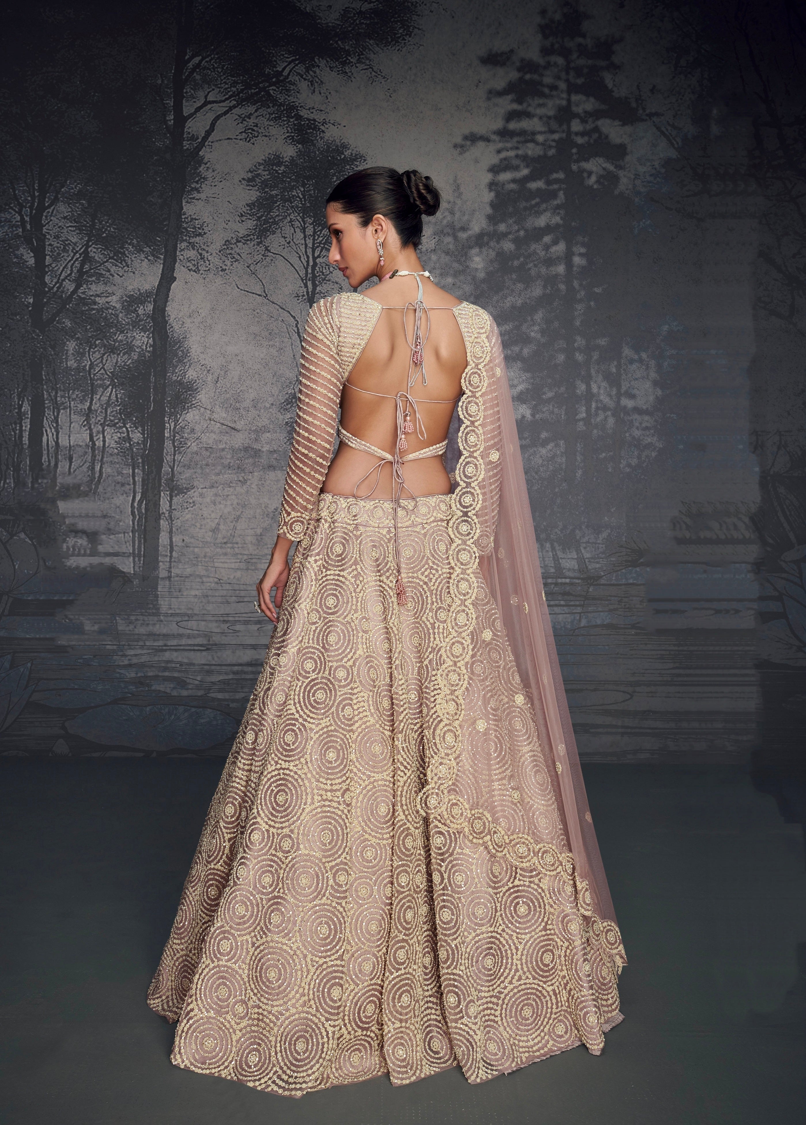 Champagne Gold Embroidered Net Lehenga with Moti &amp; Seroski Diamonds