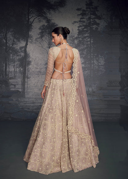 Champagne Gold Embroidered Net Lehenga with Moti &amp; Seroski Diamonds