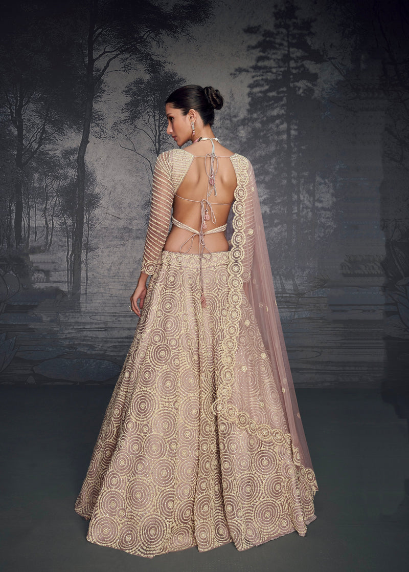 Champagne Gold Embroidered Net Lehenga with Moti & Seroski Diamonds