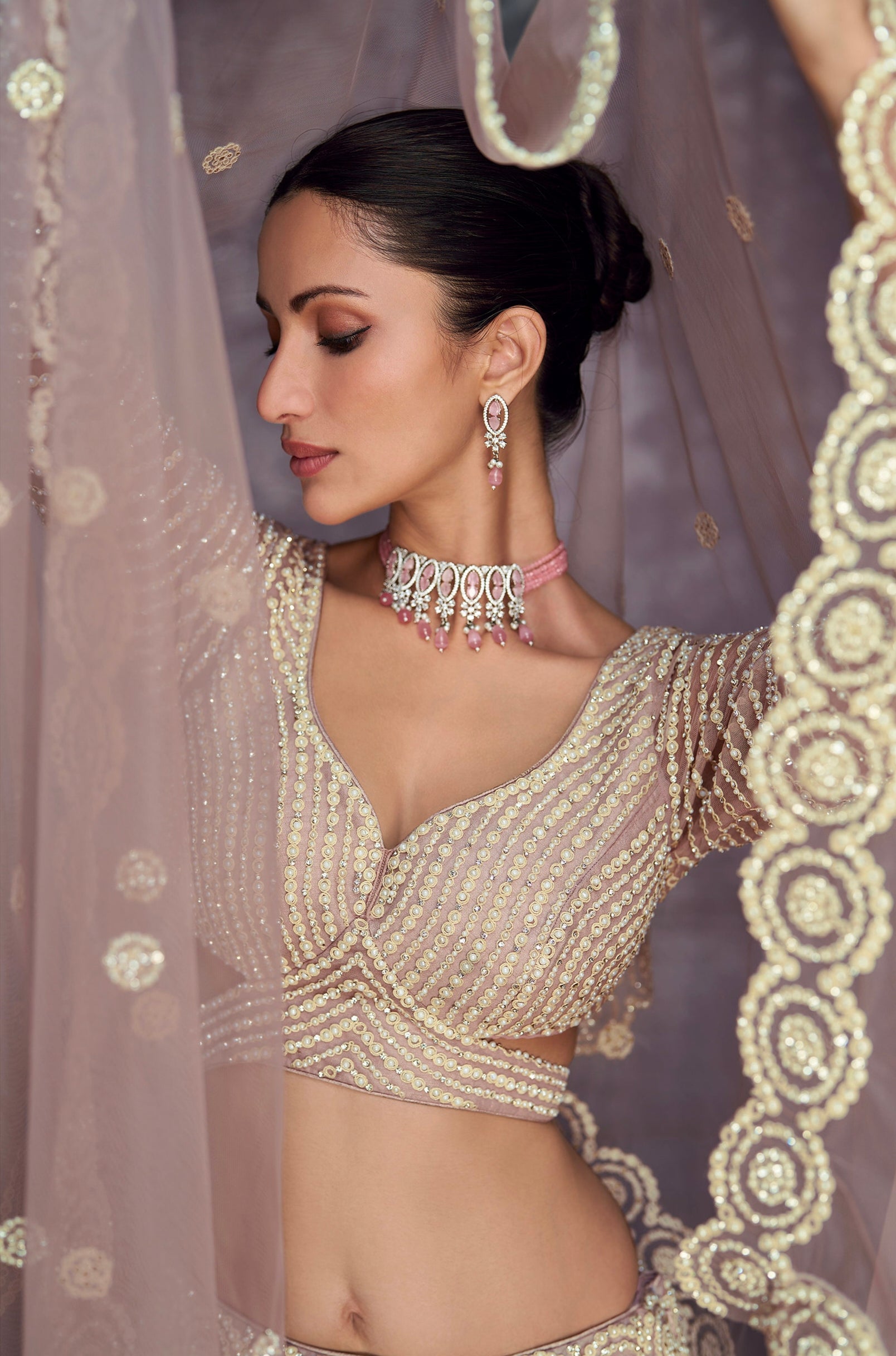 Champagne Gold Embroidered Net Lehenga with Moti &amp; Seroski Diamonds