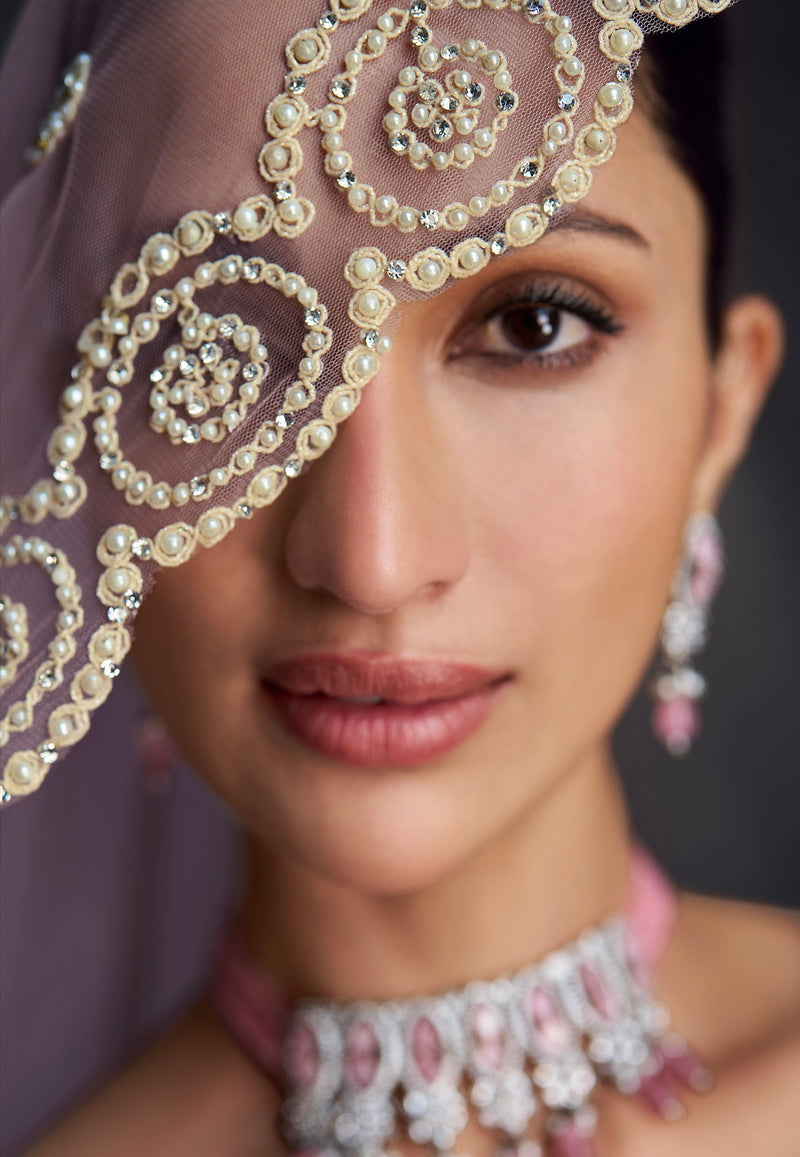 Champagne Gold Embroidered Net Lehenga with Moti & Seroski Diamonds