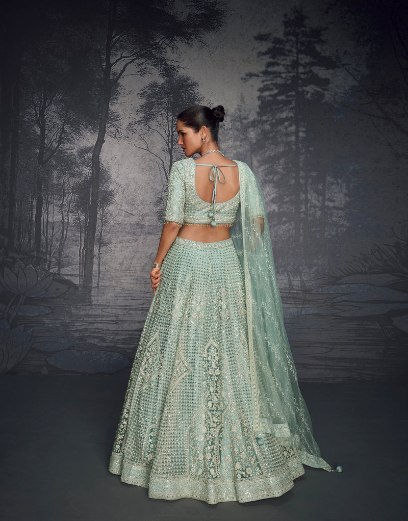 Mint Green Embroidered Net Lehenga with Handcrafted Diamonds