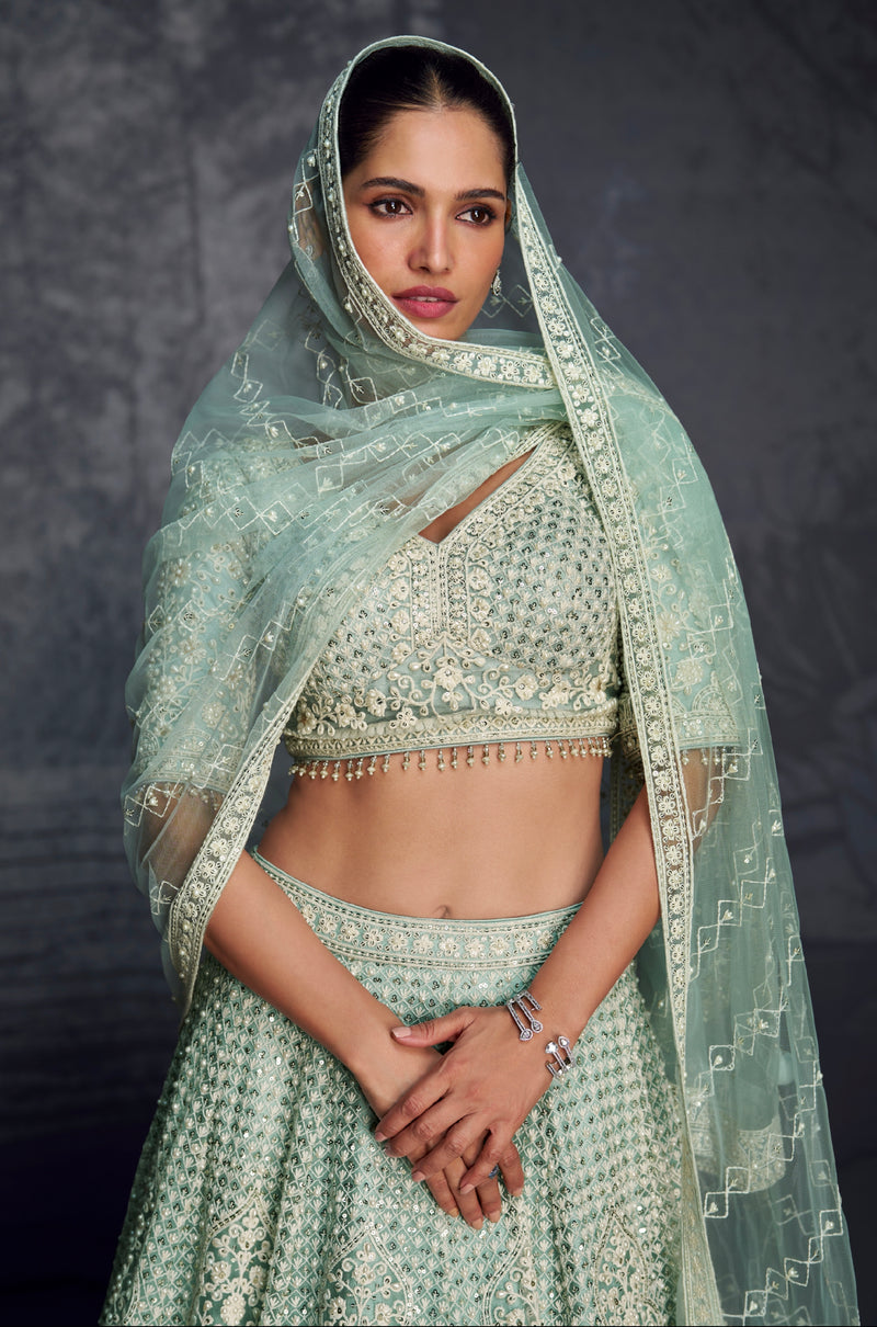 Mint Green Embroidered Net Lehenga with Handcrafted Diamonds