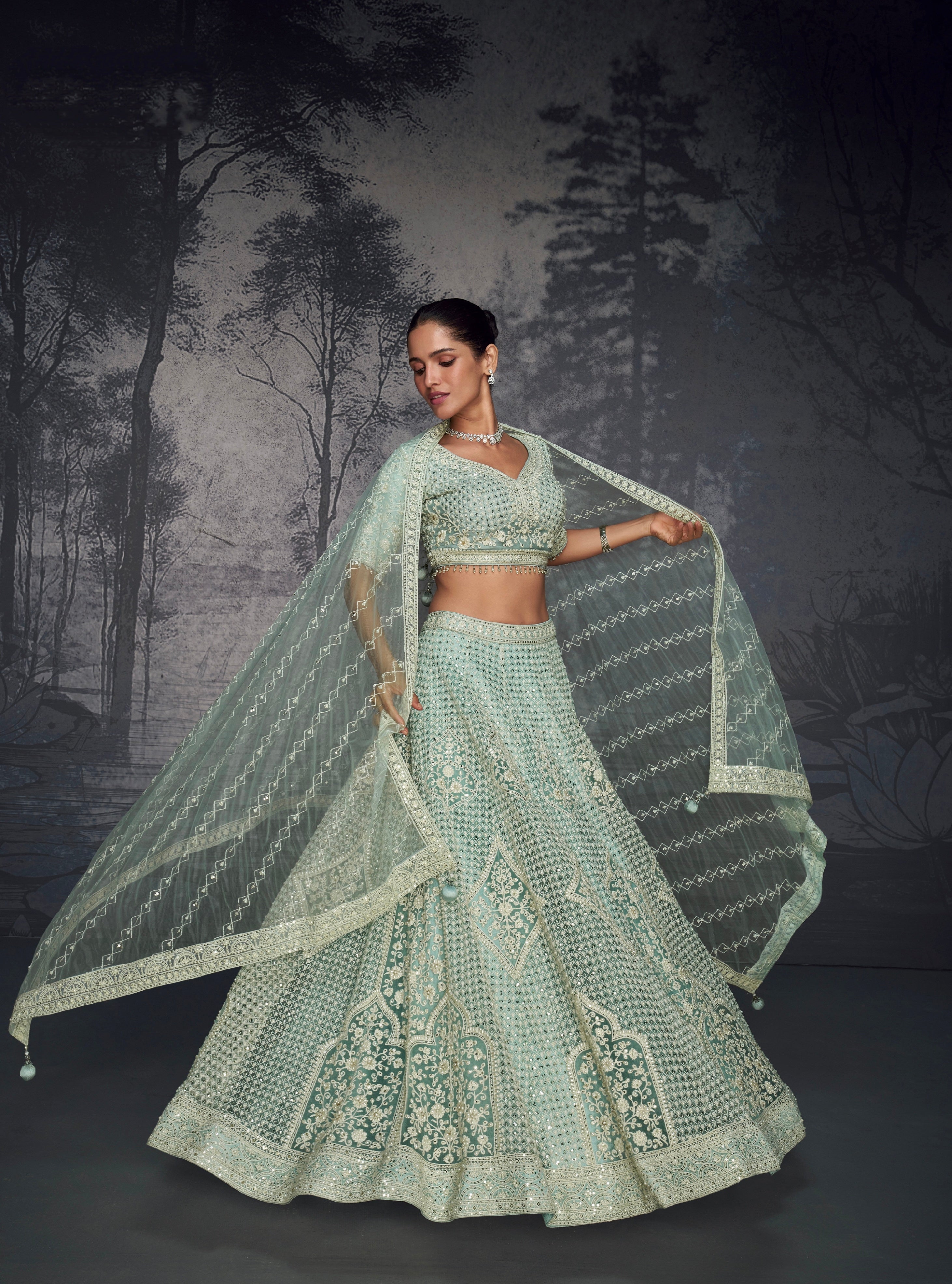 Mint Green Embroidered Net Lehenga with Handcrafted Diamonds