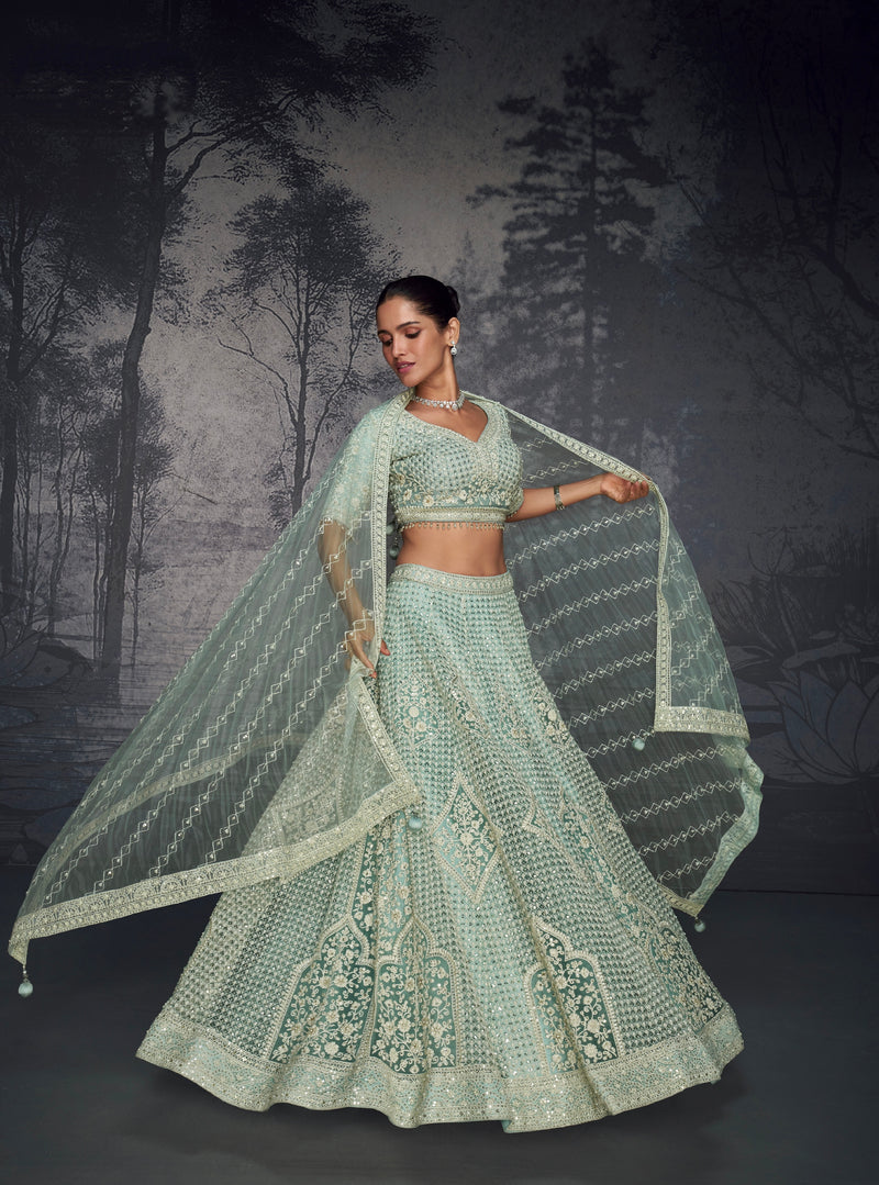 Mint Green Embroidered Net Lehenga with Handcrafted Diamonds