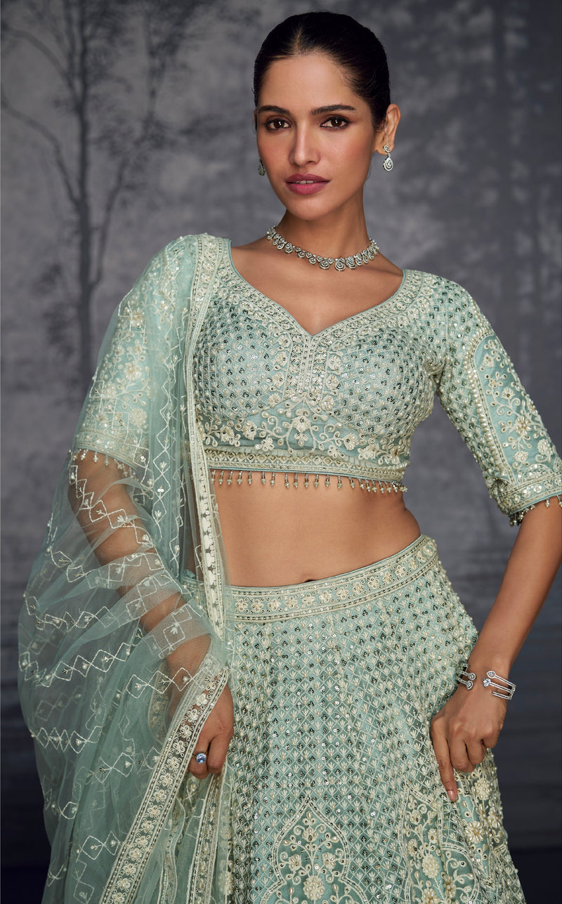 Mint Green Embroidered Net Lehenga with Handcrafted Diamonds