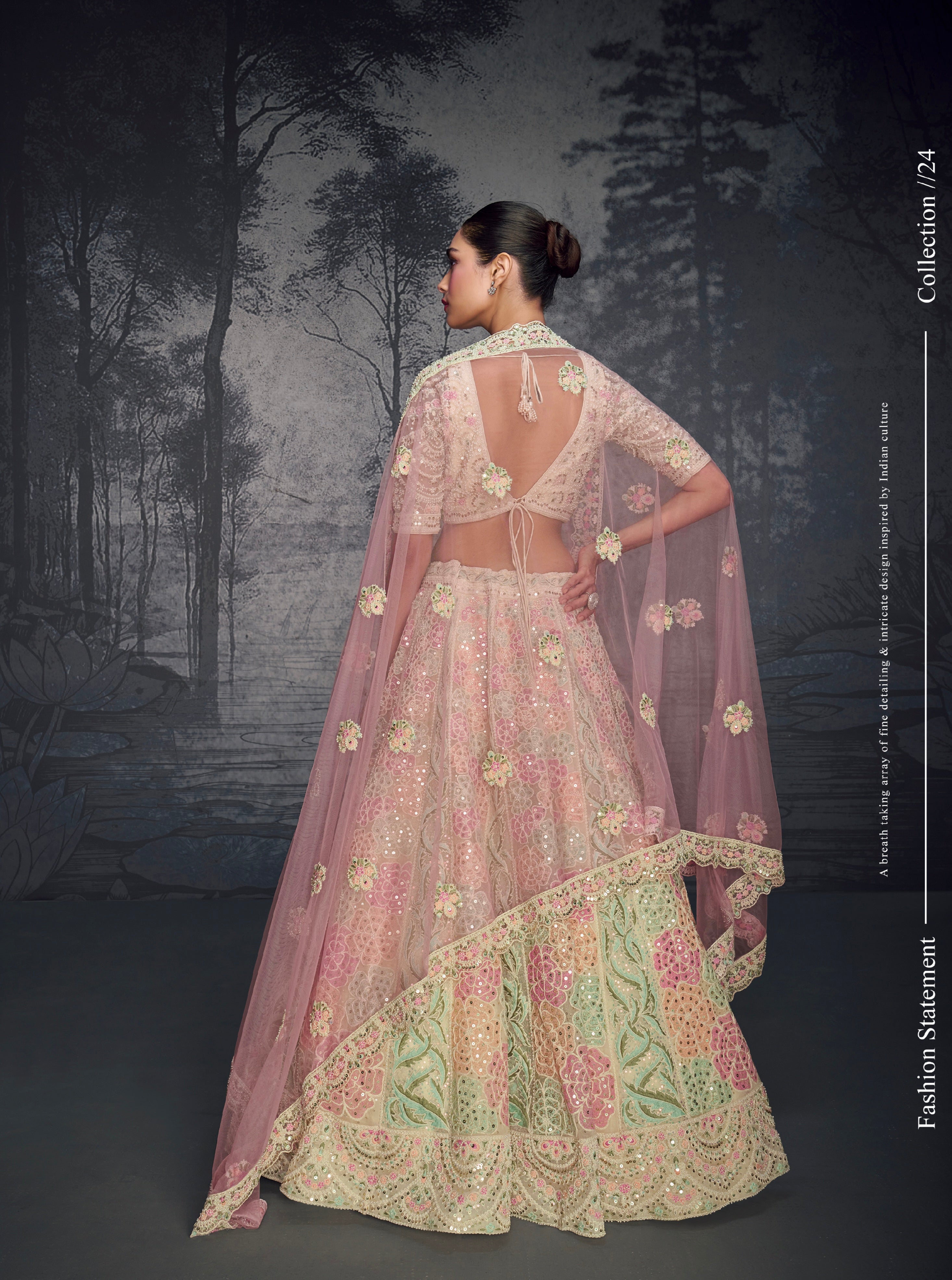 Pastel Pink &amp; Mint Floral Embroidered Net Lehenga with Pink Dupatta