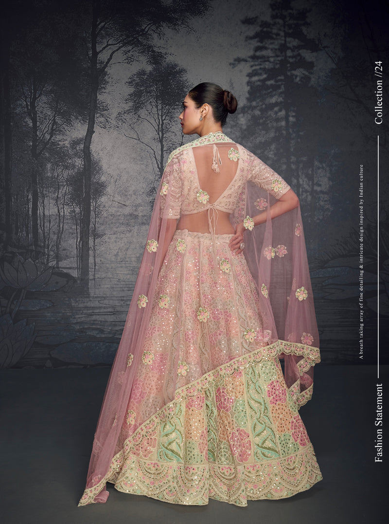 Pastel Pink & Mint Floral Embroidered Net Lehenga with Pink Dupatta