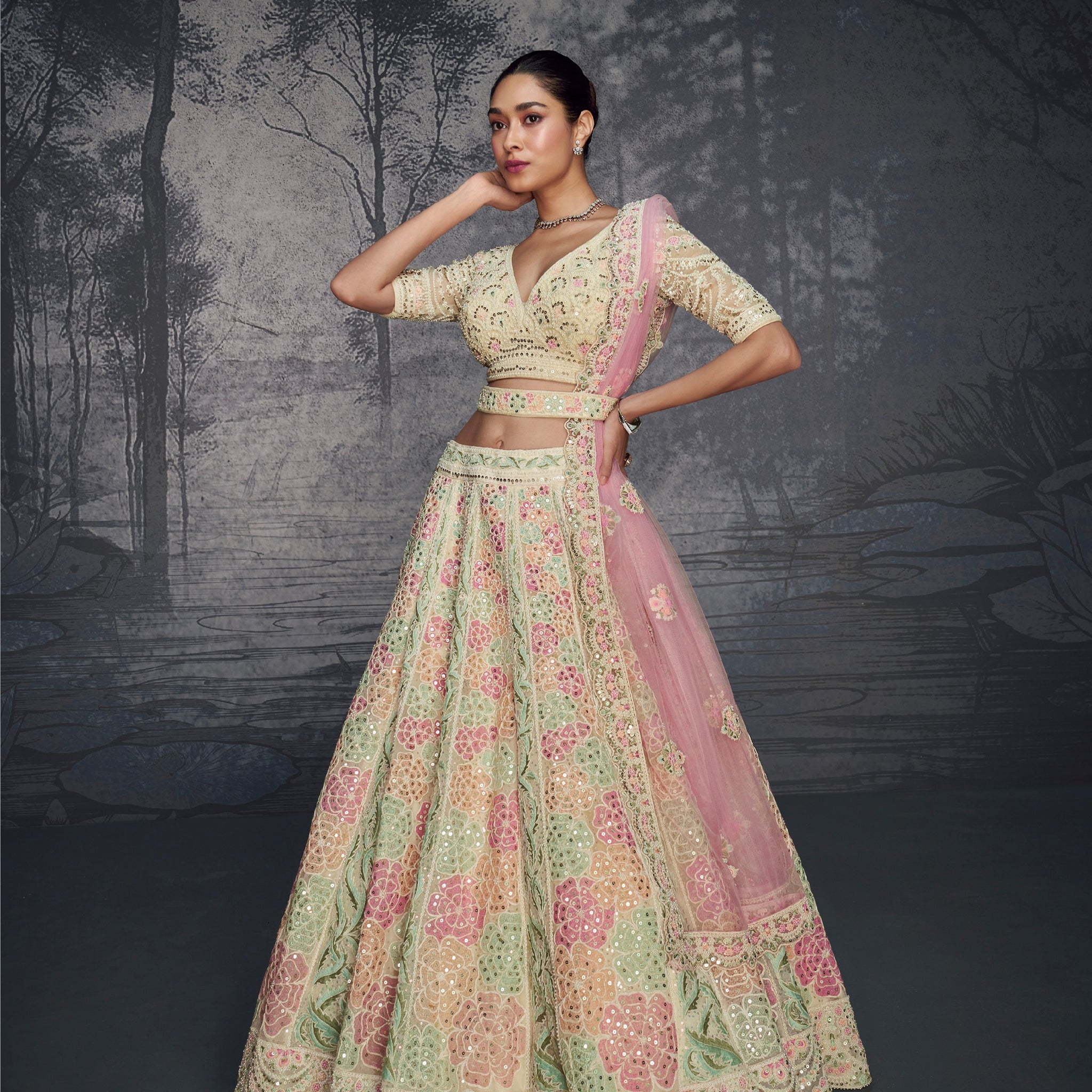 Pastel Pink & Mint Floral Embroidered Net Lehenga with Pink Dupatta