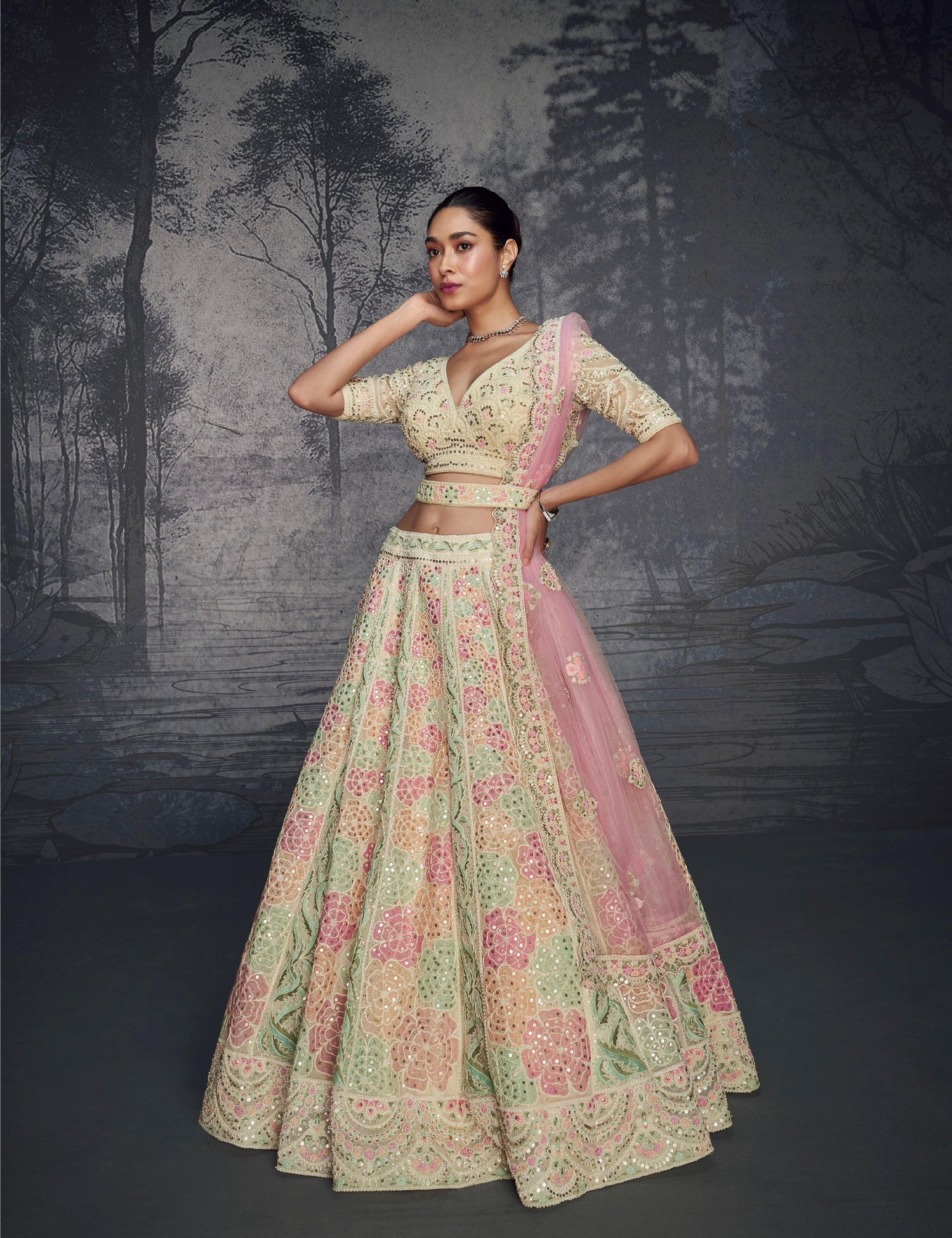 Pastel Pink &amp; Mint Floral Embroidered Net Lehenga with Pink Dupatta