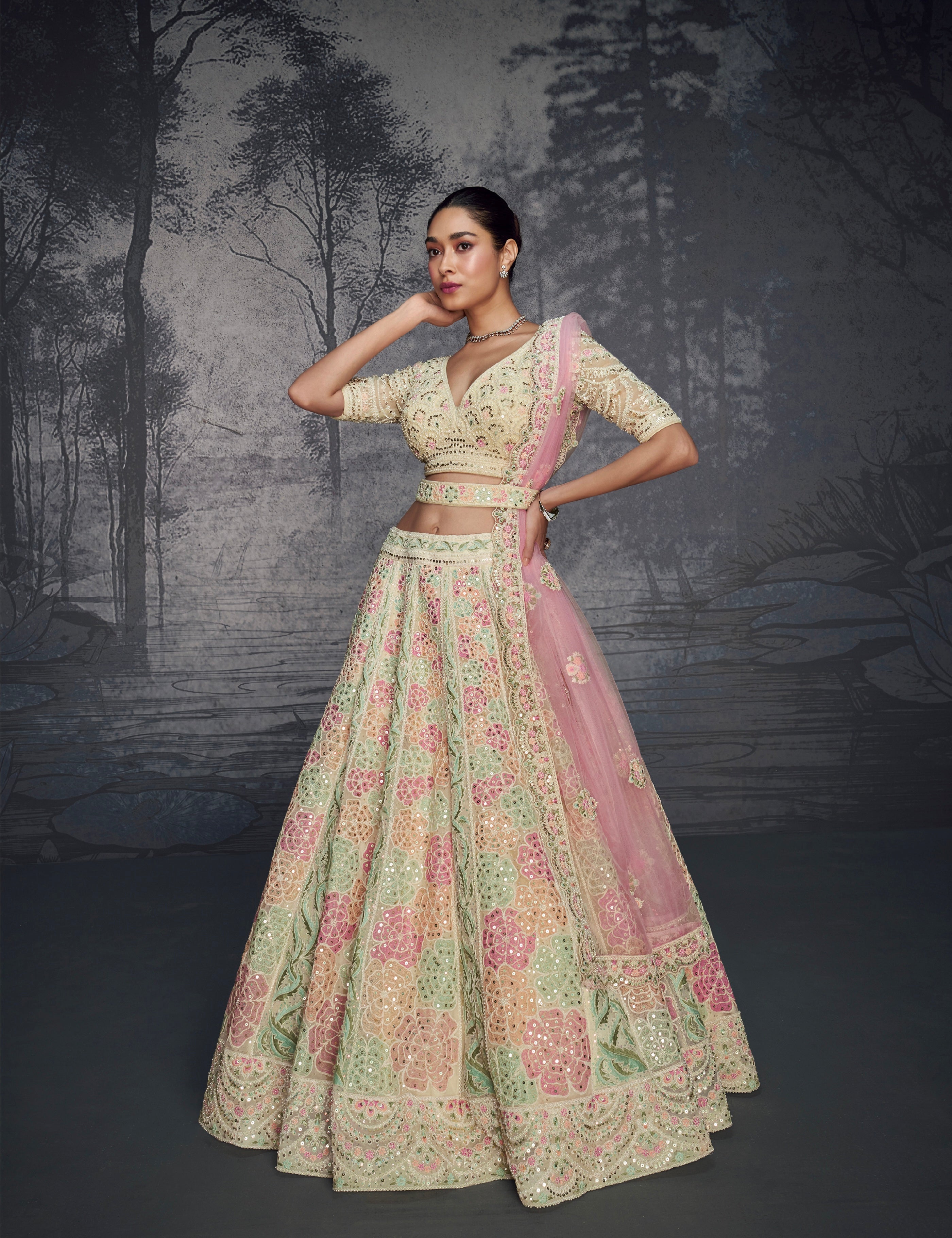Pastel Pink & Mint Floral Embroidered Net Lehenga with Pink Dupatta