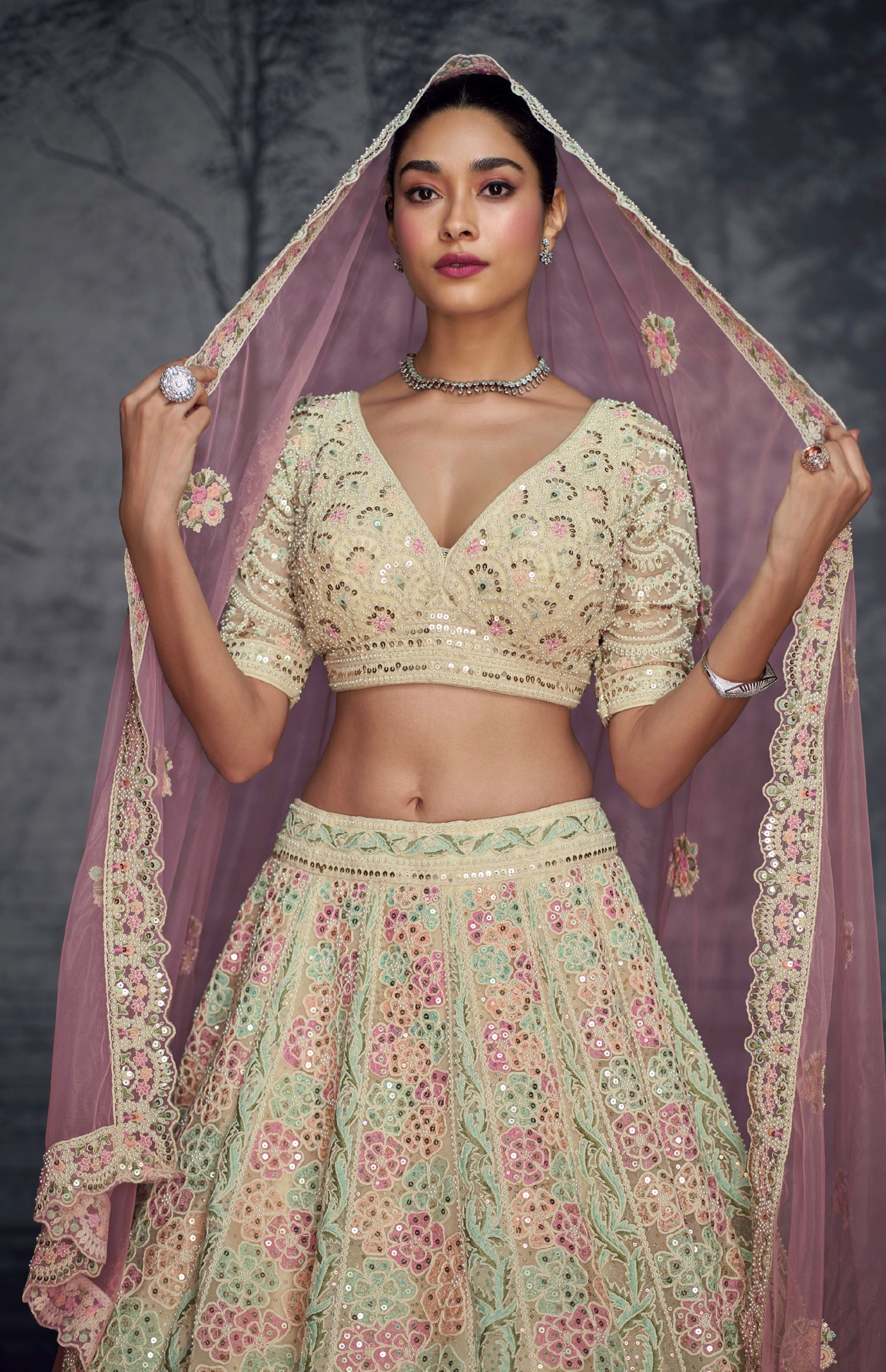 Pastel Pink &amp; Mint Floral Embroidered Net Lehenga with Pink Dupatta