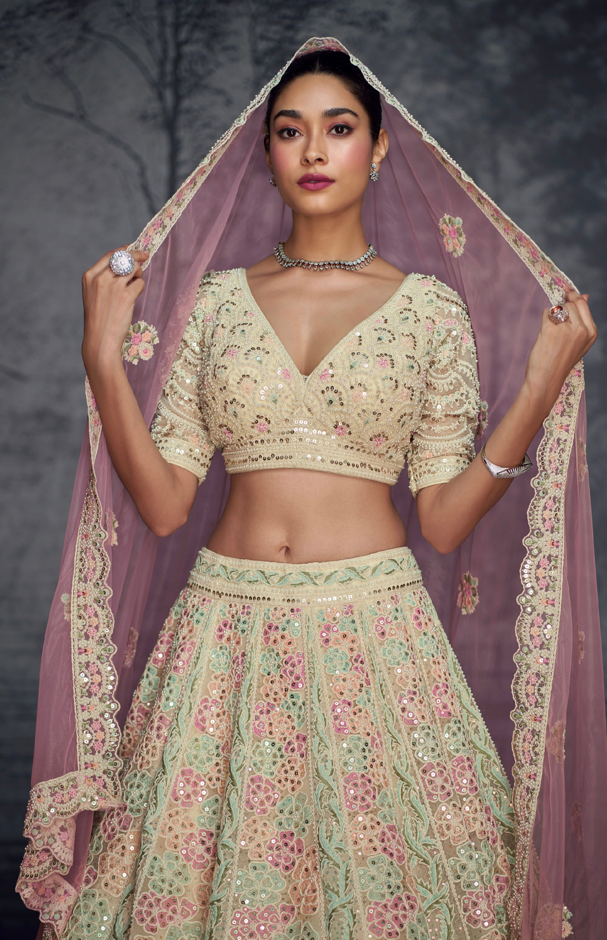 Pastel Pink & Mint Floral Embroidered Net Lehenga with Pink Dupatta