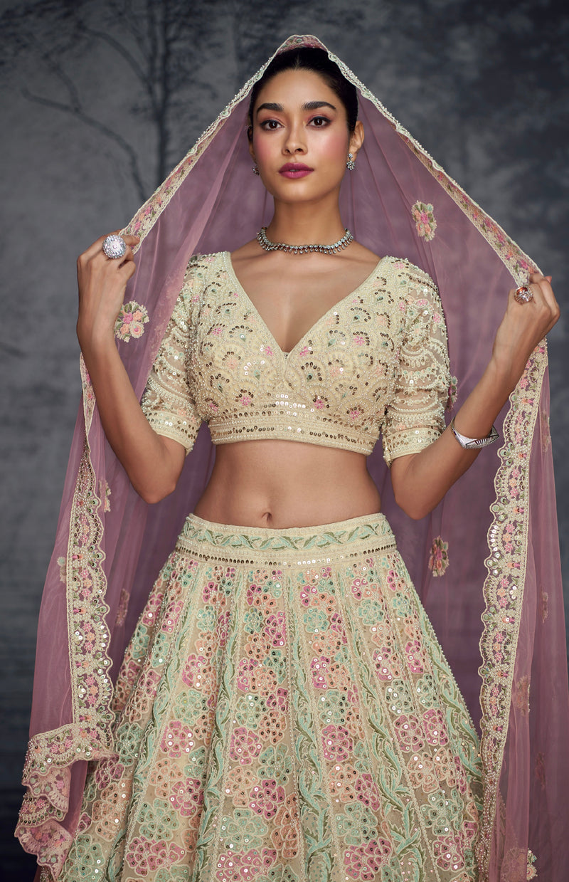 Pastel Pink & Mint Floral Embroidered Net Lehenga with Pink Dupatta