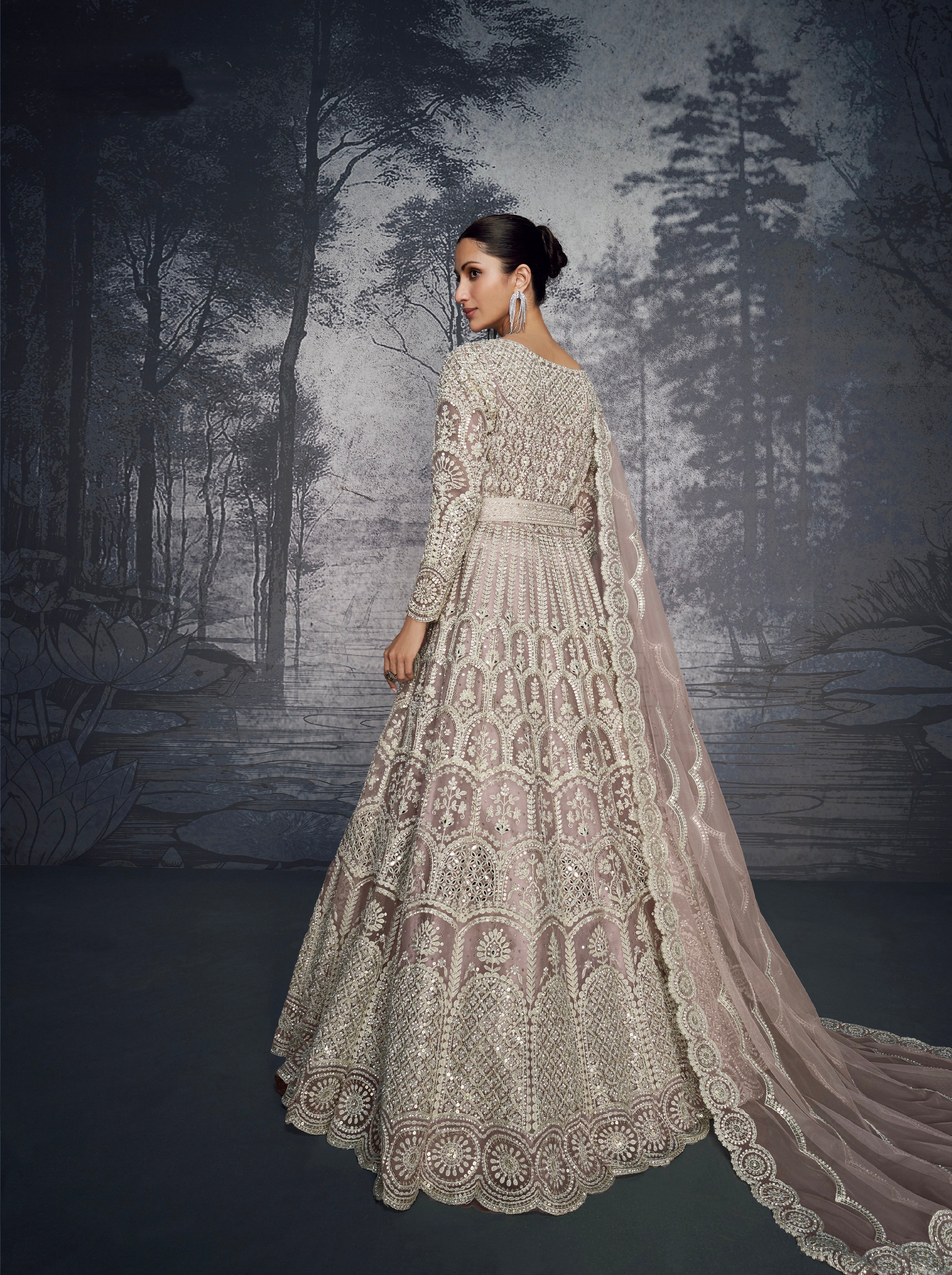Ivory Silver Embroidered Bridal Net Lehenga &amp; Moti &amp; Seroski Handwork